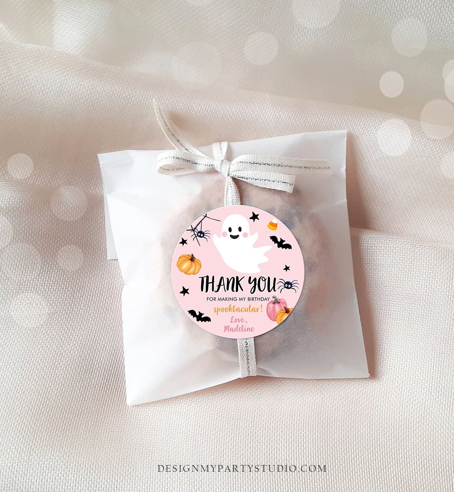 Editable Halloween Birthday Thank You Favor Tag Costume Party Girl Pink Spooktacular Ghost Stickers Digital Download Template Printable 0418