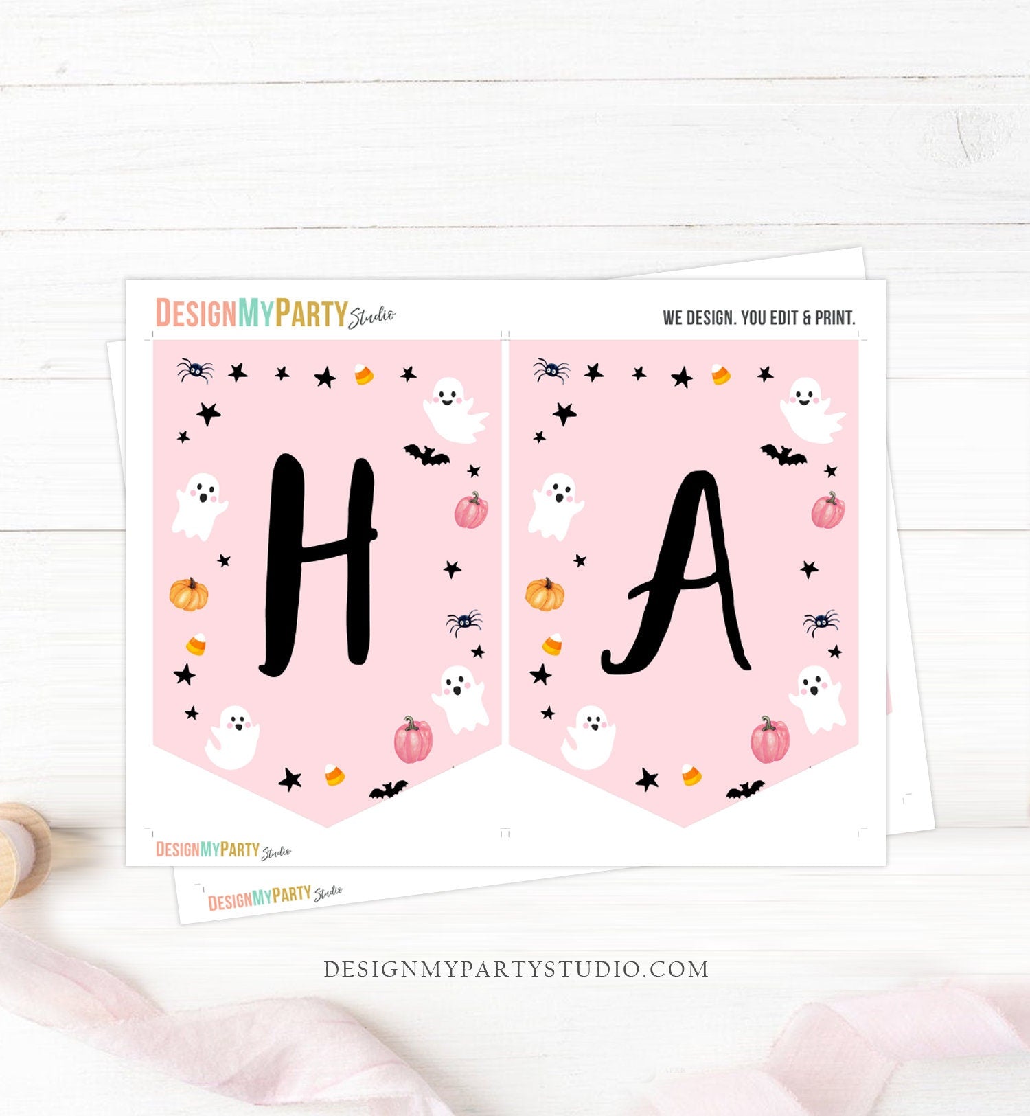 Happy Birthday Banner Halloween Birthday Banner Pink Ghost Birthday Party Halloween Decor Girl Pink 1st Download PRINTABLE DIGITAL DIY 0418