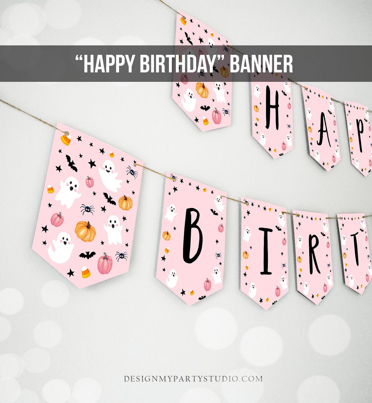 Happy Birthday Banner Halloween Birthday Banner Pink Ghost Birthday Party Halloween Decor Girl Pink 1st Download PRINTABLE DIGITAL DIY 0418