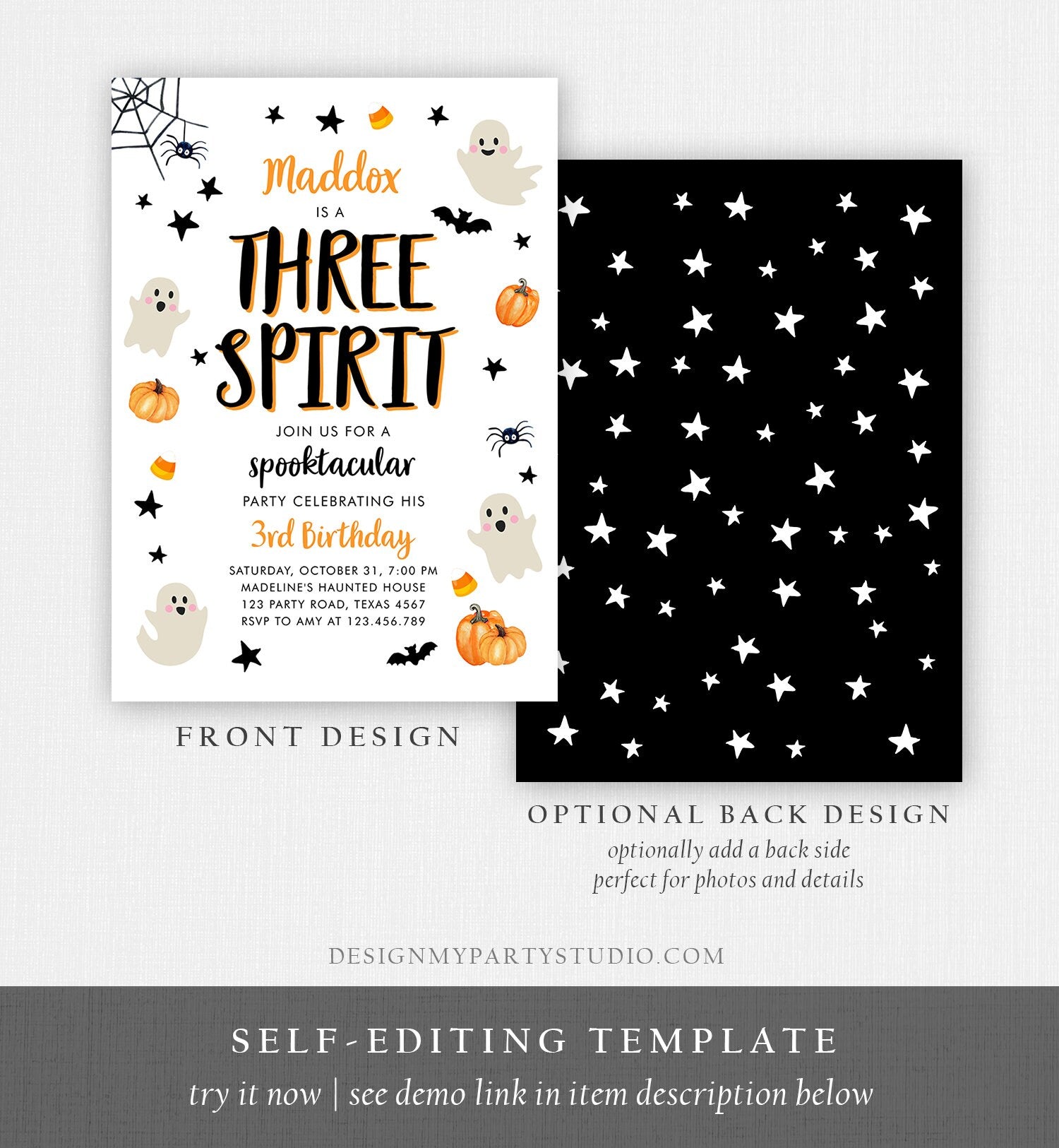 Editable Halloween Birthday Invitation Ghost Three Spirit 3rd Birthday Party Spooky Neutral Boy Girl Download Printable Template Corjl 0418