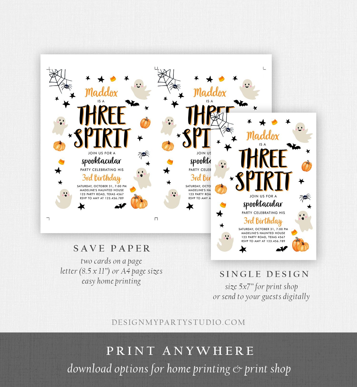 Editable Halloween Birthday Invitation Ghost Three Spirit 3rd Birthday Party Spooky Neutral Boy Girl Download Printable Template Corjl 0418