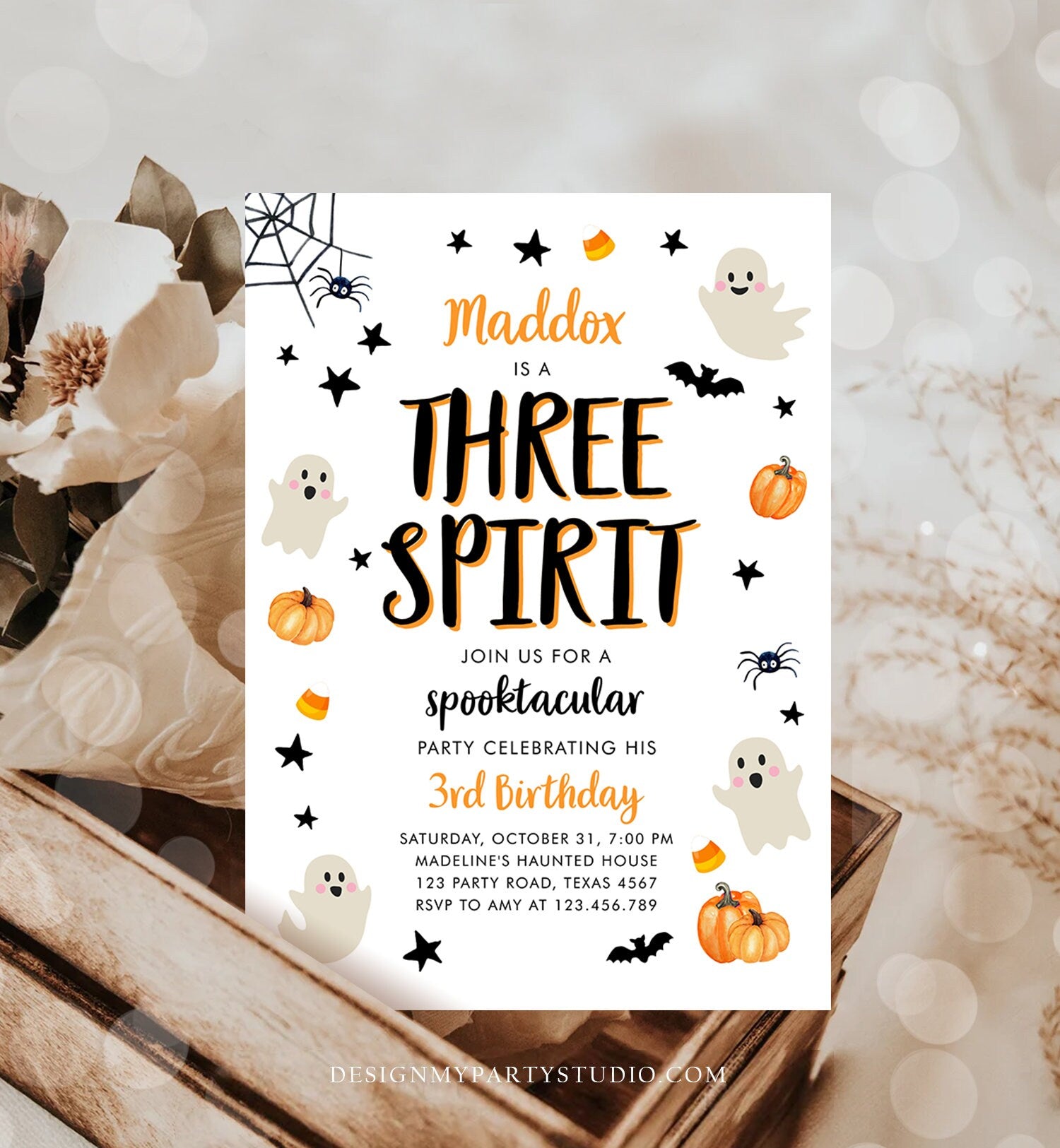 Editable Halloween Birthday Invitation Ghost Three Spirit 3rd Birthday Party Spooky Neutral Boy Girl Download Printable Template Corjl 0418