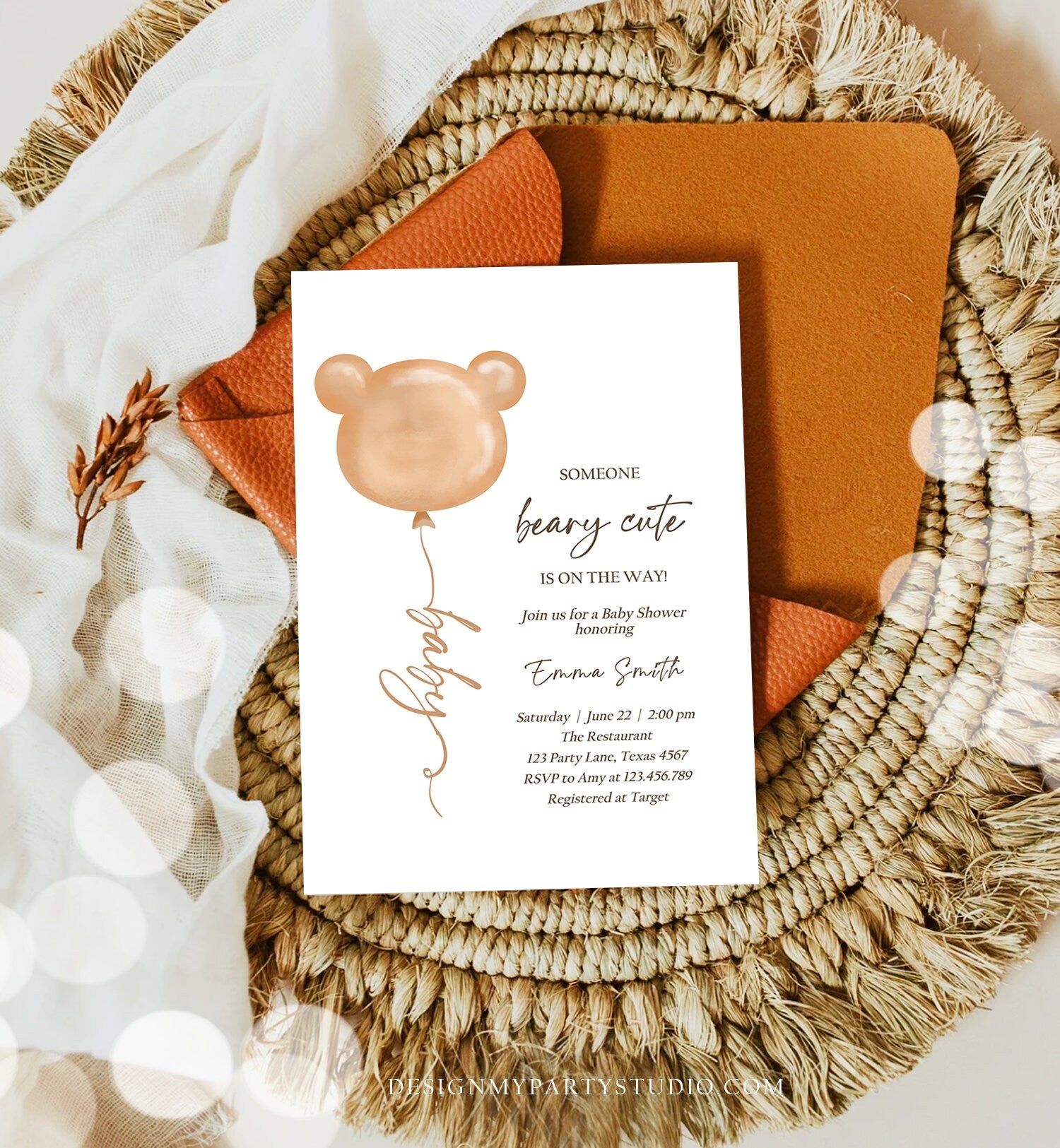 Editable We Can Bearly Wait Baby Shower Invitation Teddy Bear Gender Neutral Brown Boho Printable Template Instant Download Corjl 0439