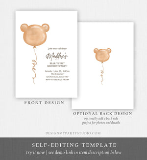 Editable Bear Birthday Invitation Bear Balloon Modern Teddy Bears Picnic Gender Neutral Boho Printable Template Instant Download Corjl 0439