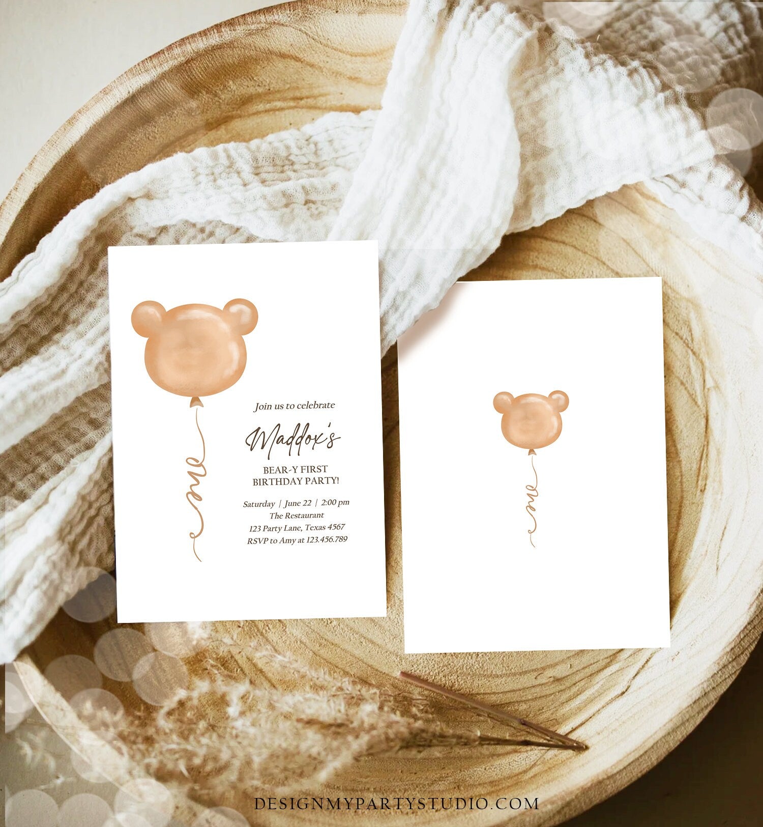 Editable Bear Birthday Invitation Bear Balloon Modern Teddy Bears Picnic Gender Neutral Boho Printable Template Instant Download Corjl 0439