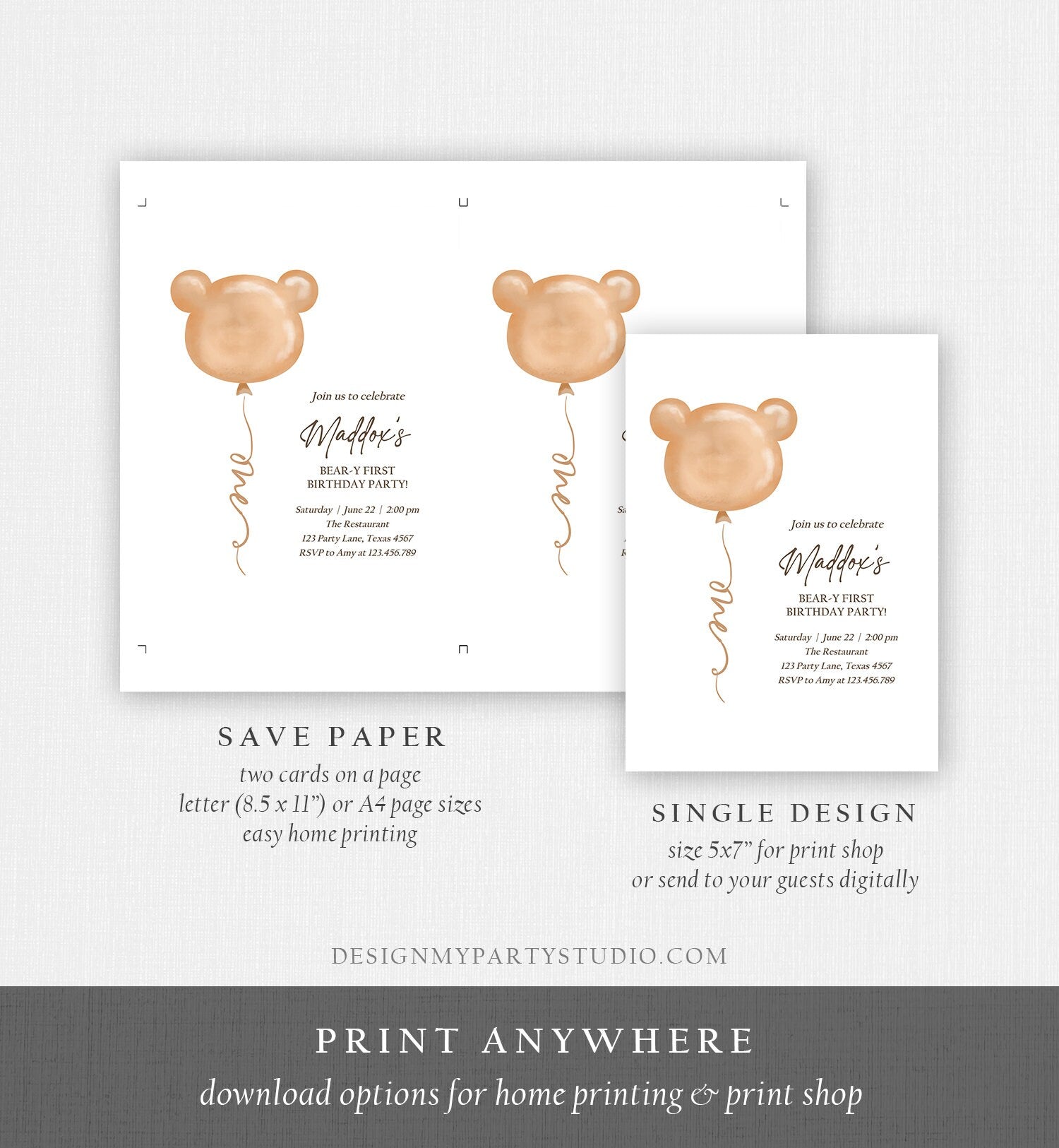 Editable Bear Birthday Invitation Bear Balloon Modern Teddy Bears Picnic Gender Neutral Boho Printable Template Instant Download Corjl 0439