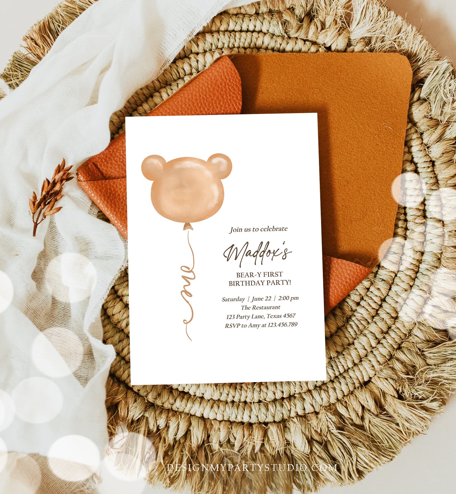 Editable Bear Birthday Invitation Bear Balloon Modern Teddy Bears Picnic Gender Neutral Boho Printable Template Instant Download Corjl 0439