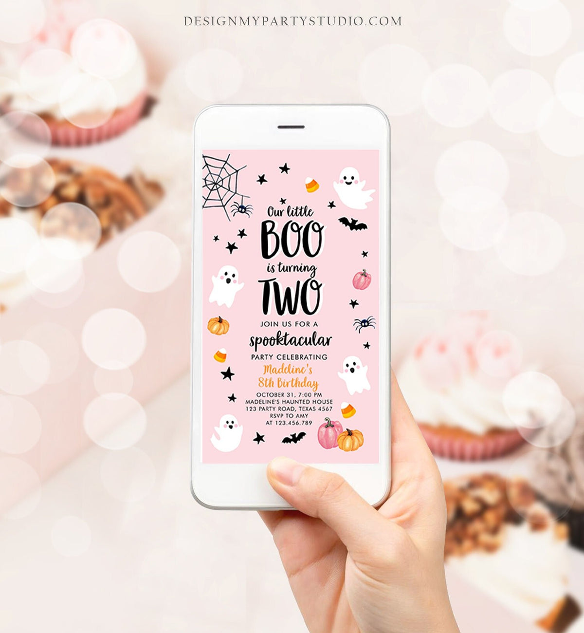 Editable Halloween 2nd Birthday Evite Pink Ghost Costume Party Girl Two Kids Spooktacular Spooky Phone Digital Template Template Corjl 0418