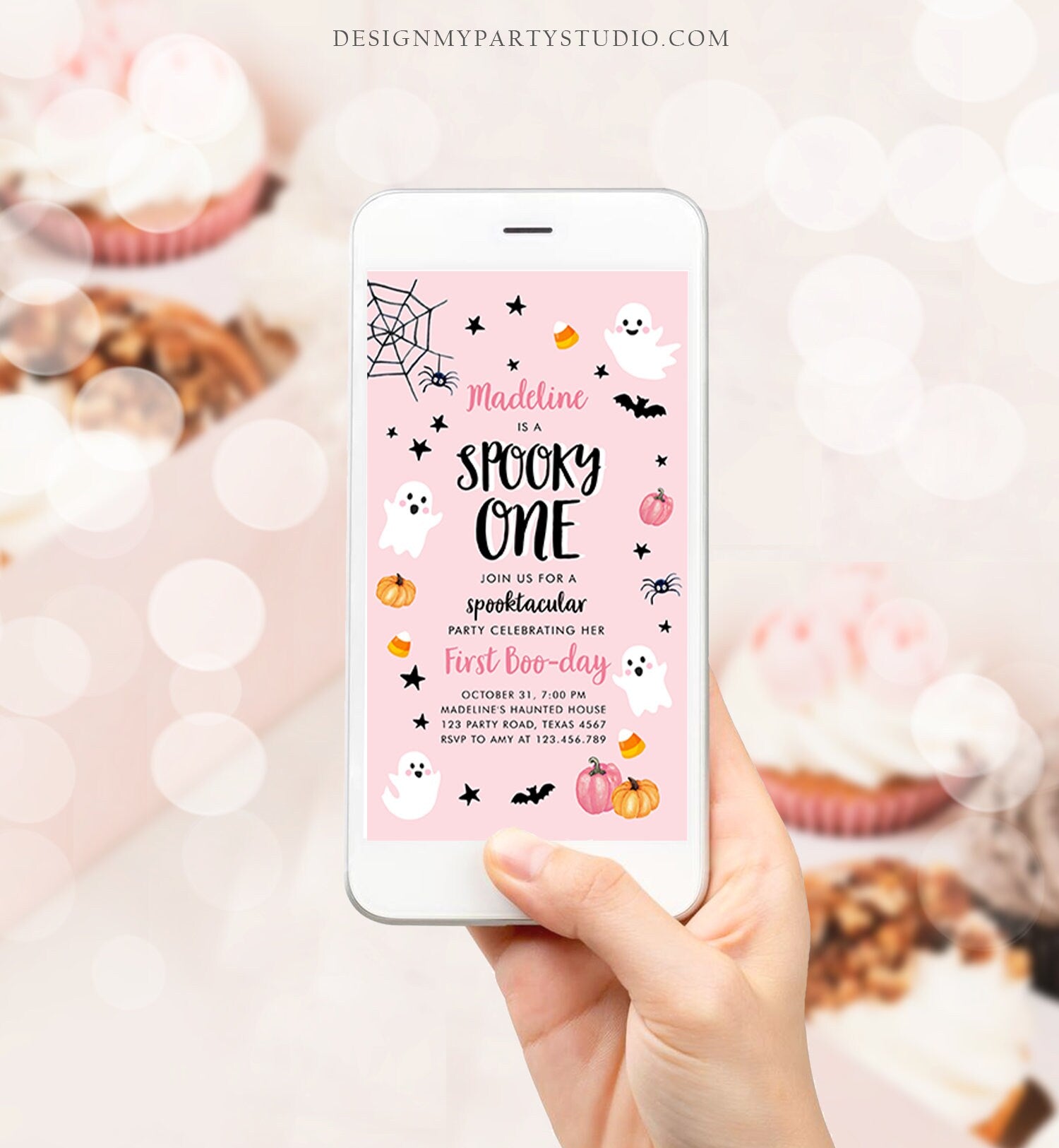 Editable Halloween 1st Birthday Evite Pink Ghost Party Girl First Kid Spooktacular Spooky One Phone Digital Template Template Corjl 0418