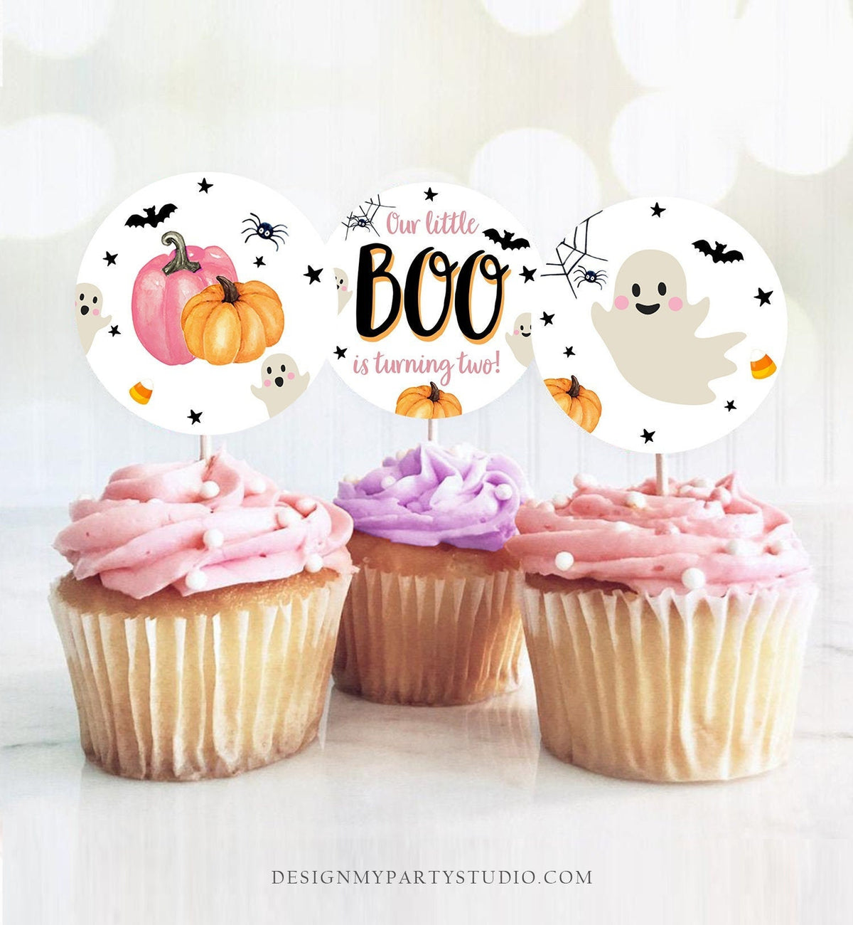 Little Boo is turning Two Birthday Cupcake Toppers Favor Tags Halloween Ghost Party 2nd Birthday Pink Girl Download Digital PRINTABLE 0418