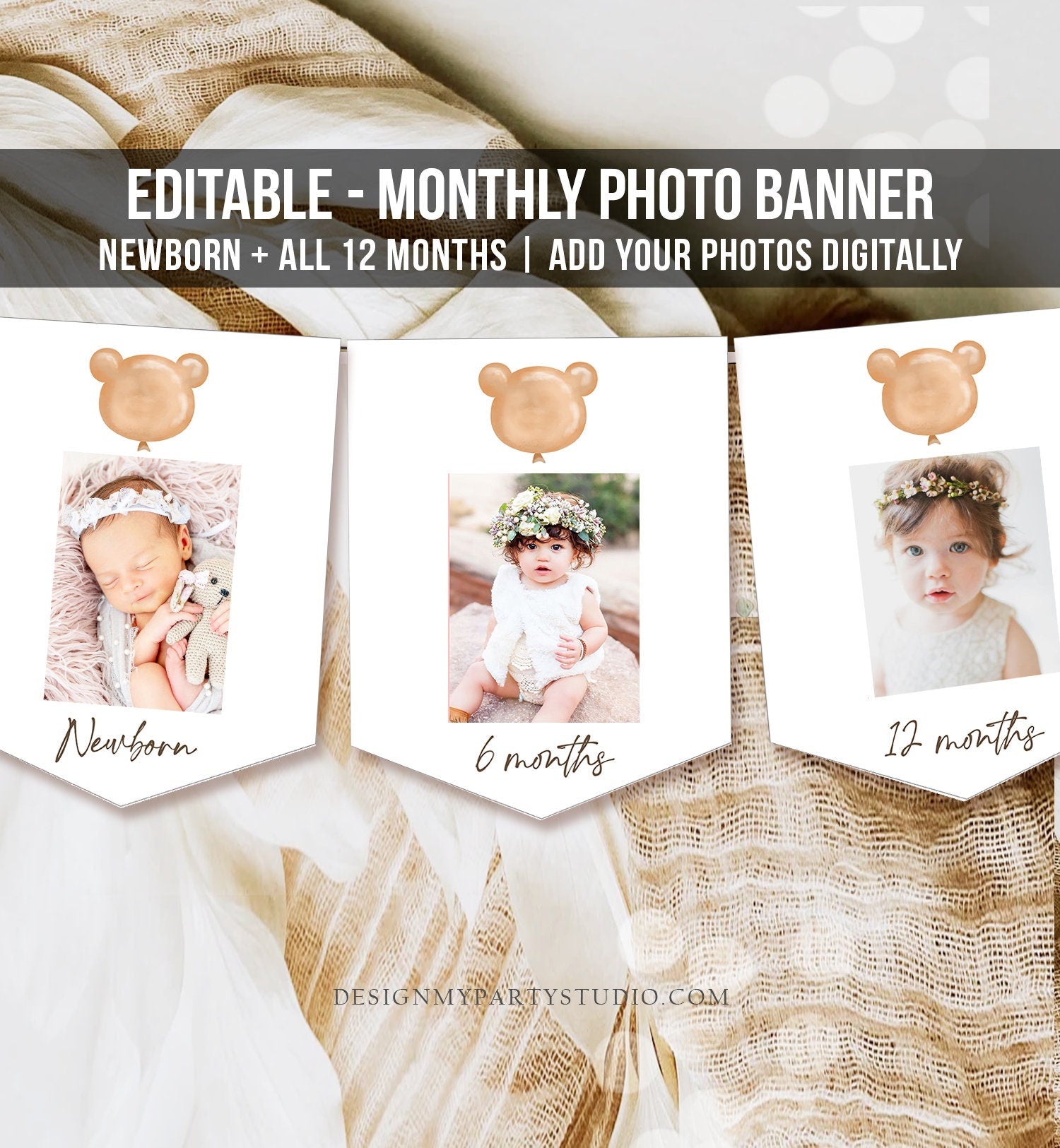 Editable Bear First Birthday Banner Monthly Photo Banner Modern Bear 1st Birthday Teddy Bear Picnic Girl Boy Corjl Template Printable 0439