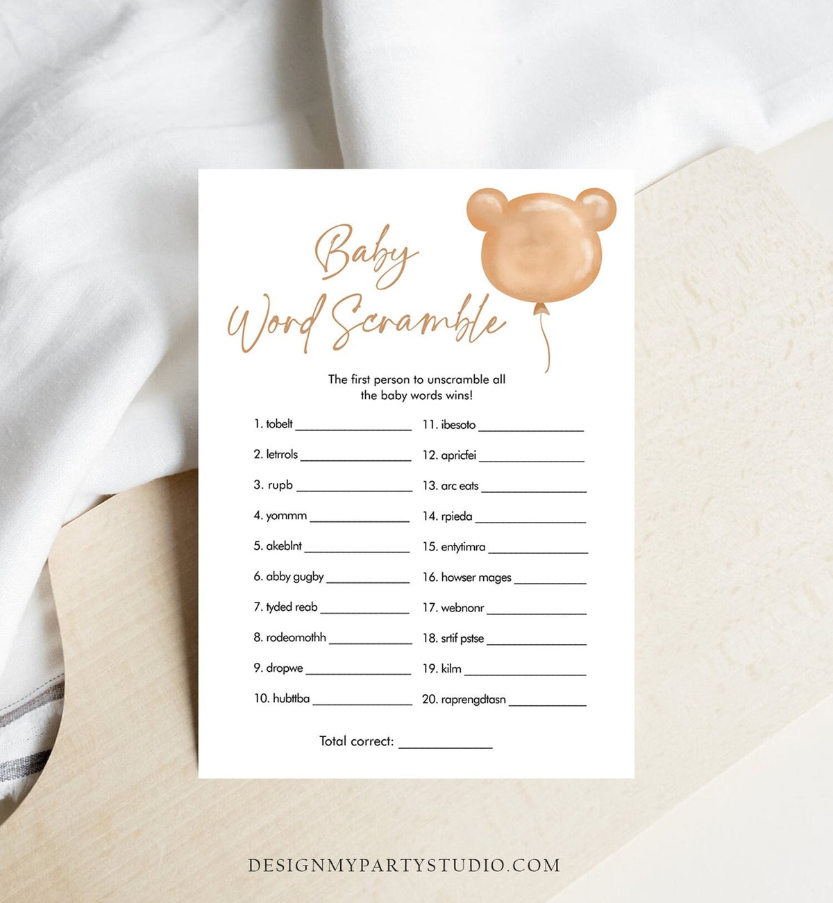 Editable Word Scramble Baby Shower Game Modern Bear Cute Teddy Bear Baby Shower Boho Bearly Wait Activity Corjl Template Printable 0439