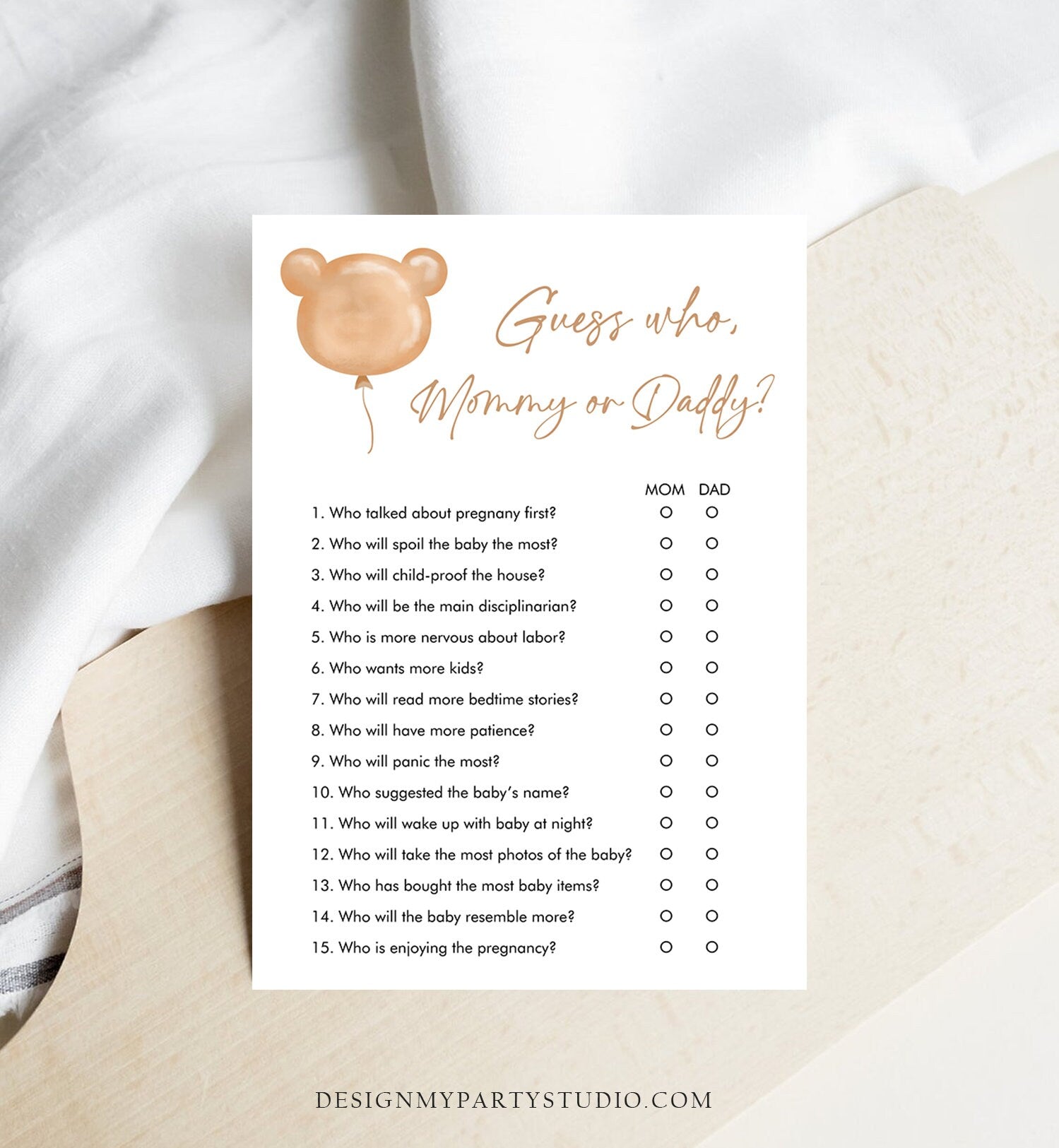 Editable Guess Who Baby Shower Game Modern Bear Cute Teddy Bear Baby Shower Boho Bearly Wait Mommy or Daddy Corjl Template Printable 0439