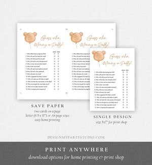 Editable Guess Who Baby Shower Game Modern Bear Cute Teddy Bear Baby Shower Boho Bearly Wait Mommy or Daddy Corjl Template Printable 0439