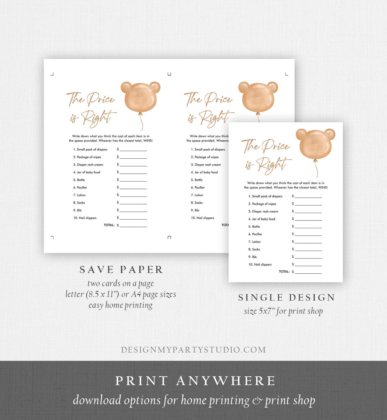 Editable The Price is Right Baby Shower Game Modern Bear Cute Teddy Bear Baby Shower Boho Bearly Wait Boy Girl Corjl Template Printable 0439