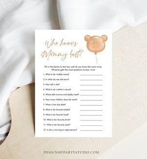 Editable Who Knows Mommy Best Baby Shower Game Modern Bear Cute Teddy Bear Baby Shower Boho Bearly Wait Game Corjl Template Printable 0439