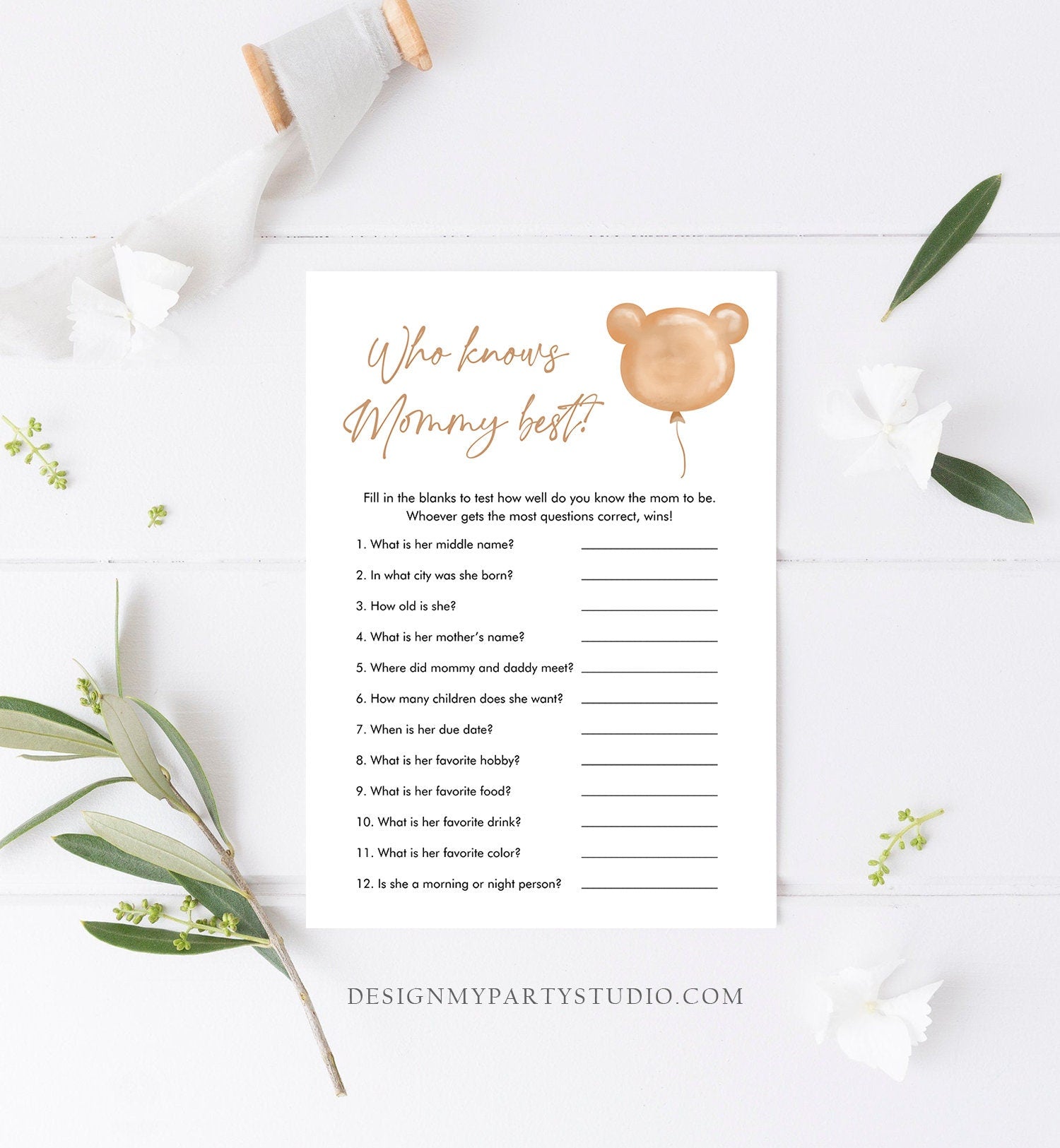 Editable Who Knows Mommy Best Baby Shower Game Modern Bear Cute Teddy Bear Baby Shower Boho Bearly Wait Game Corjl Template Printable 0439