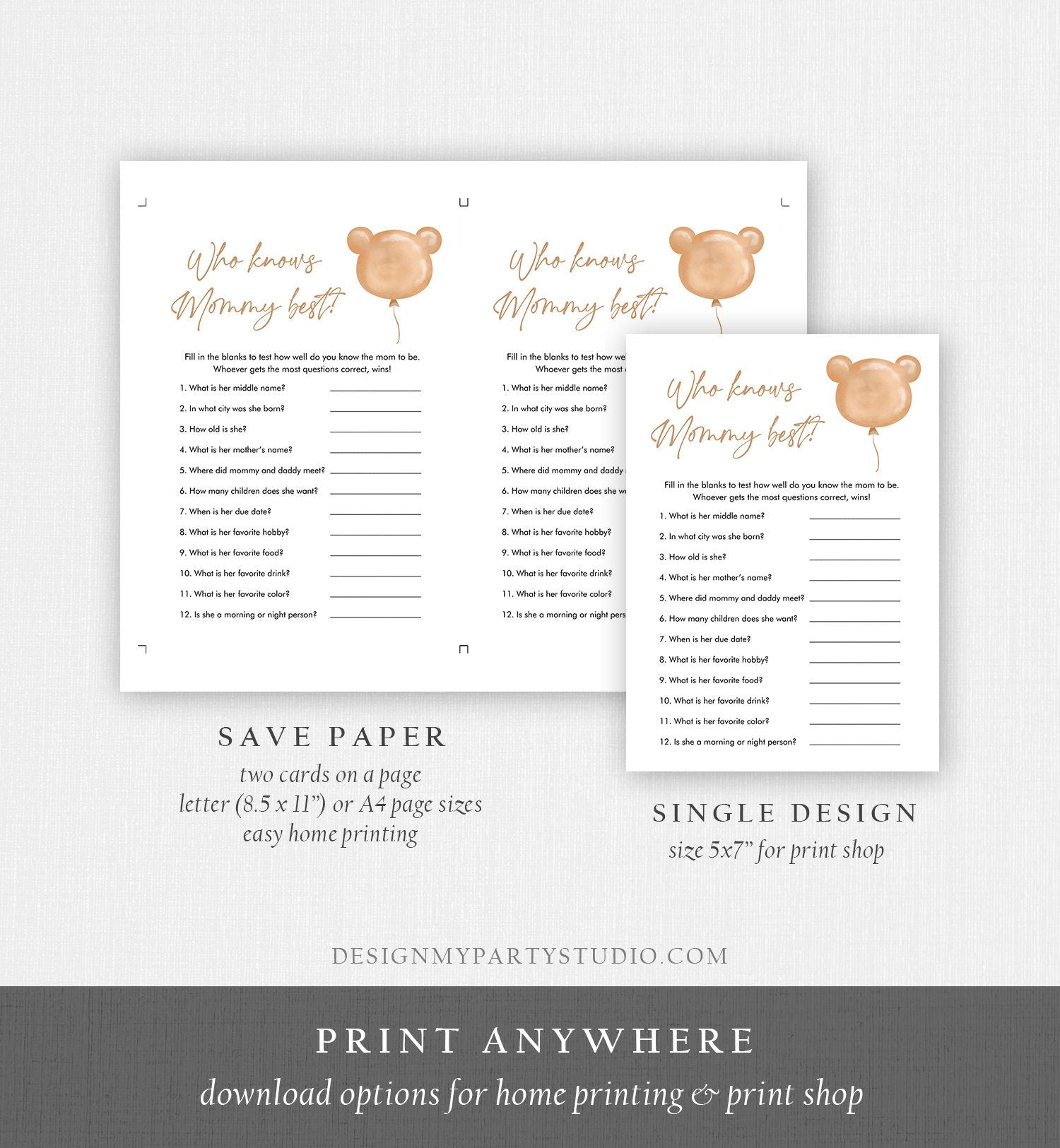 Editable Who Knows Mommy Best Baby Shower Game Modern Bear Cute Teddy Bear Baby Shower Boho Bearly Wait Game Corjl Template Printable 0439