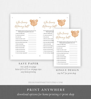 Editable Who Knows Mommy Best Baby Shower Game Modern Bear Cute Teddy Bear Baby Shower Boho Bearly Wait Game Corjl Template Printable 0439