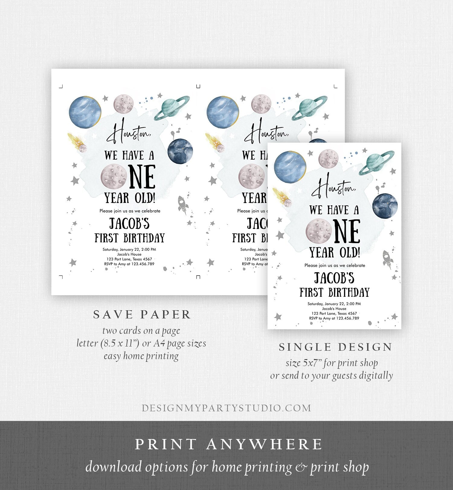 Editable Outer Space First Birthday Invitation Galaxy Houston Trip Around the Sun One Silver Download Printable Template Digital Corjl 0357