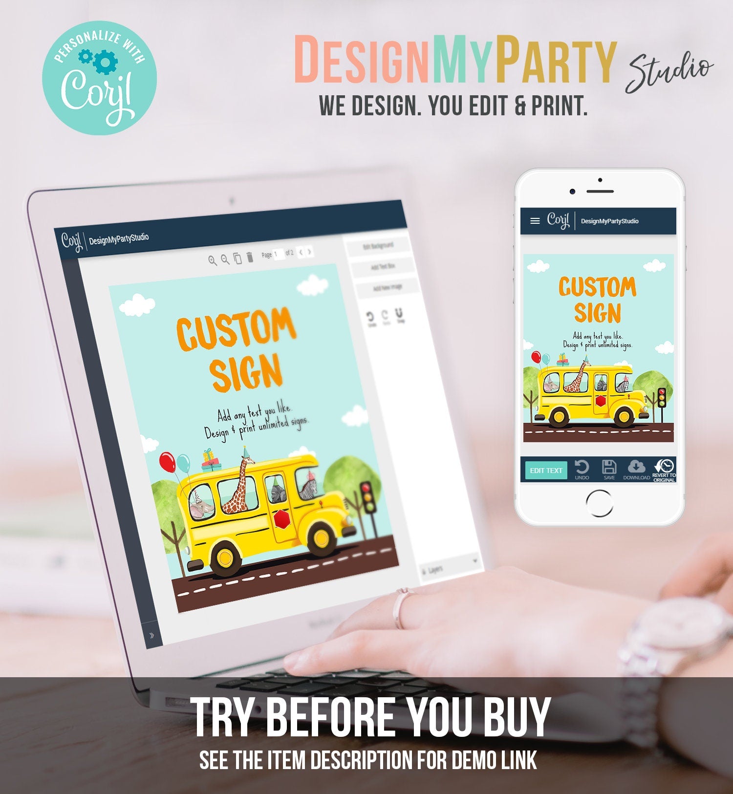 Editable Custom Sign School Bus Birthday Party Decor Yellow Bus Classroom Party Animals Safari Digital Download Template Printable 0325