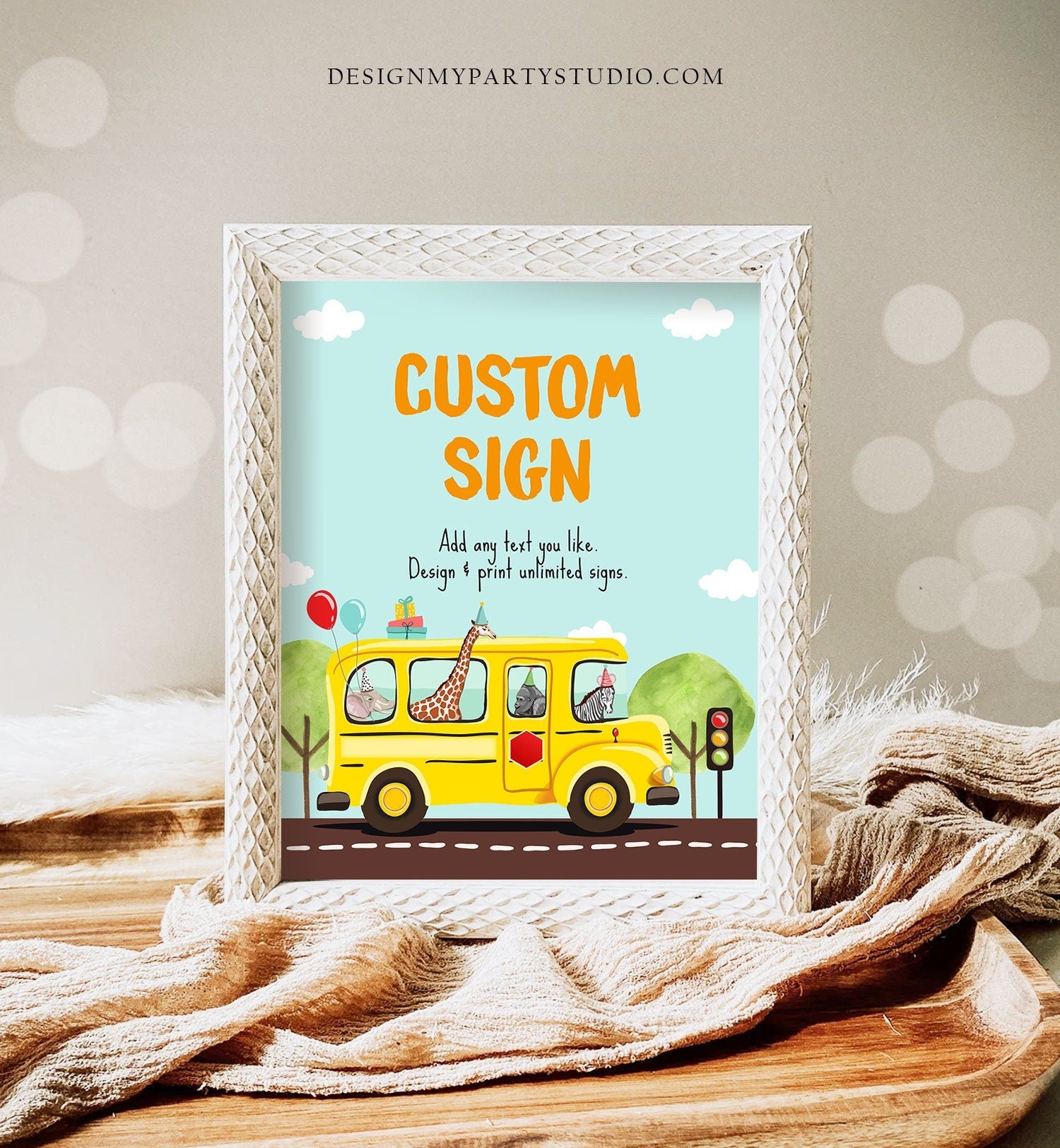 Editable Custom Sign School Bus Birthday Party Decor Yellow Bus Classroom Party Animals Safari Digital Download Template Printable 0325