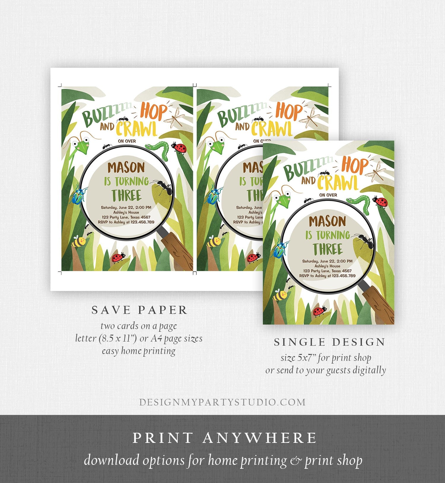 Editable Bug Birthday Invitation Insect Party Bugging Outdoor bug Hunt Bugs Boy Download Printable Invitation Template Digital Corjl 0090