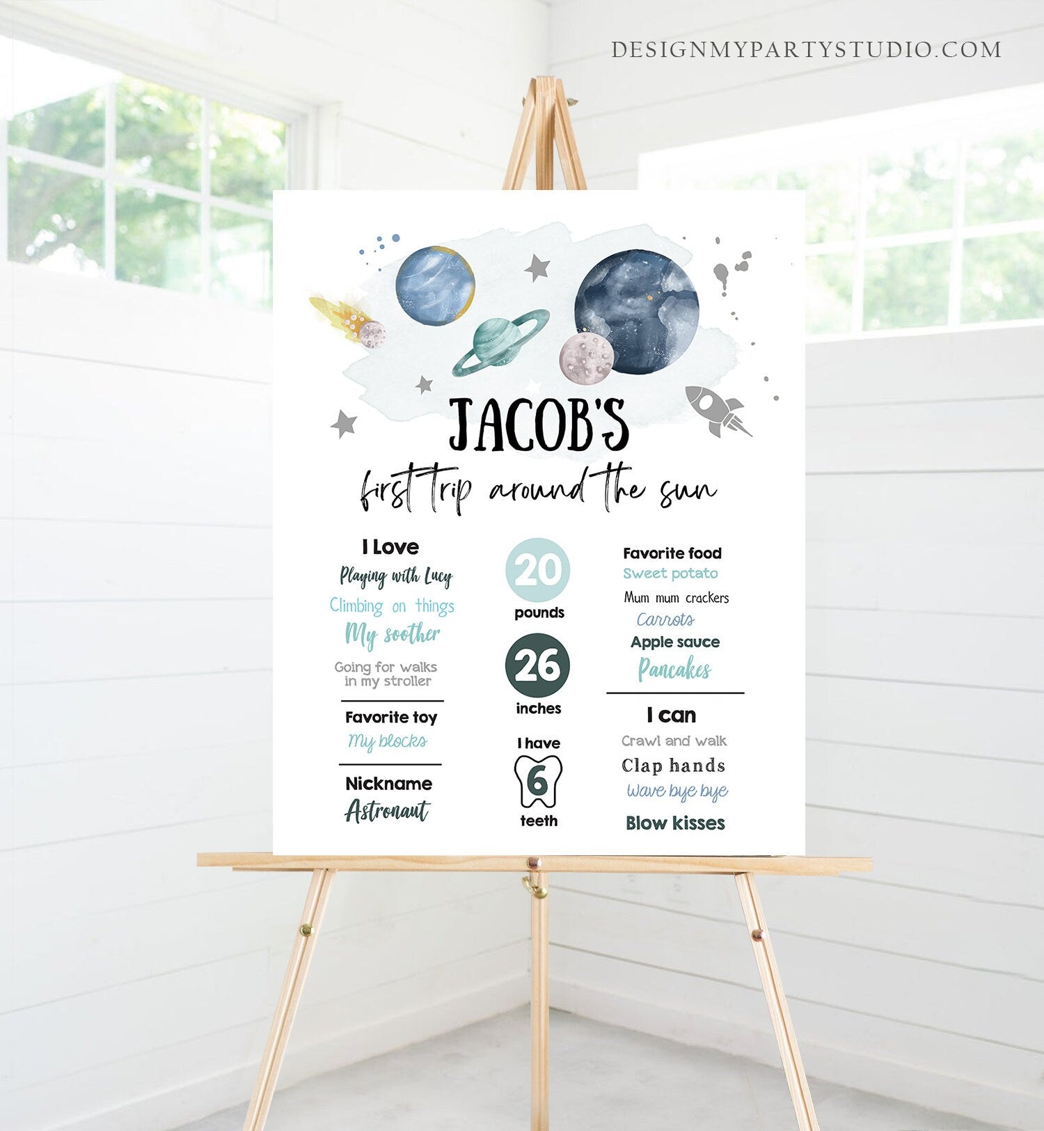 Editable Outer Space Birthday Milestones Sign First Trip Around the Sun Boy 1st Birthday Silver Galaxy Planets Template Printable Corjl 0357