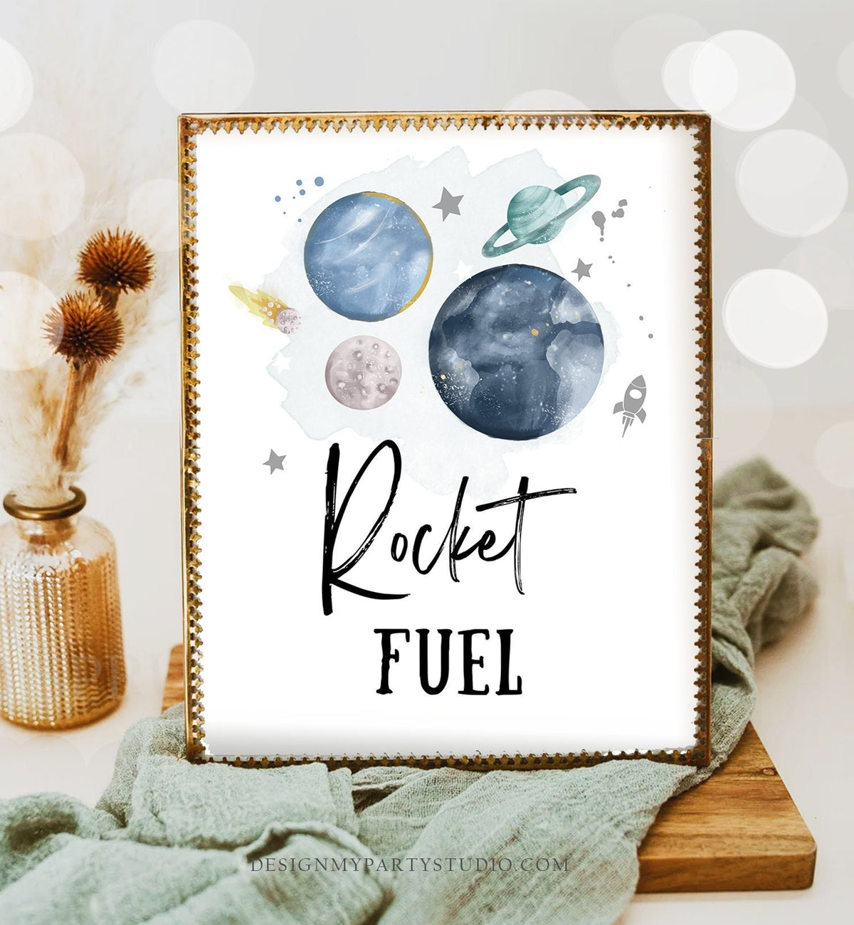 Rocket Fuel Space Party Sign Outer Space Birthday Sign Galaxy Decor Drink Table Boy Snacks Sign Silver Planets Astronaut Printable 0357