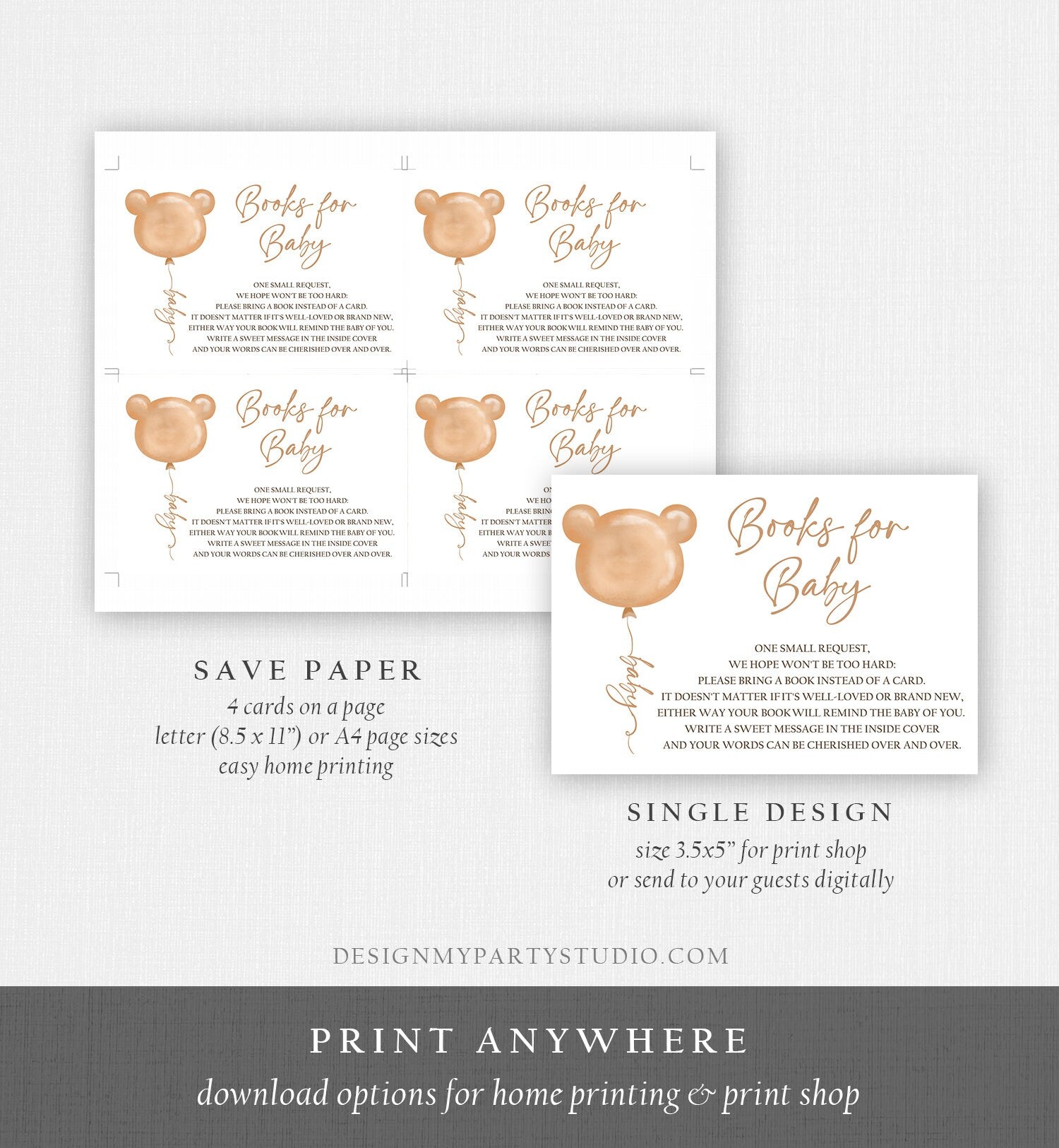 Editable Bear Bring a Book Card Boho Teddy Bear Baby Shower Bearly Wait Books for Baby Gender Neutral Boy Girl Template PRINTABLE Corjl 0439