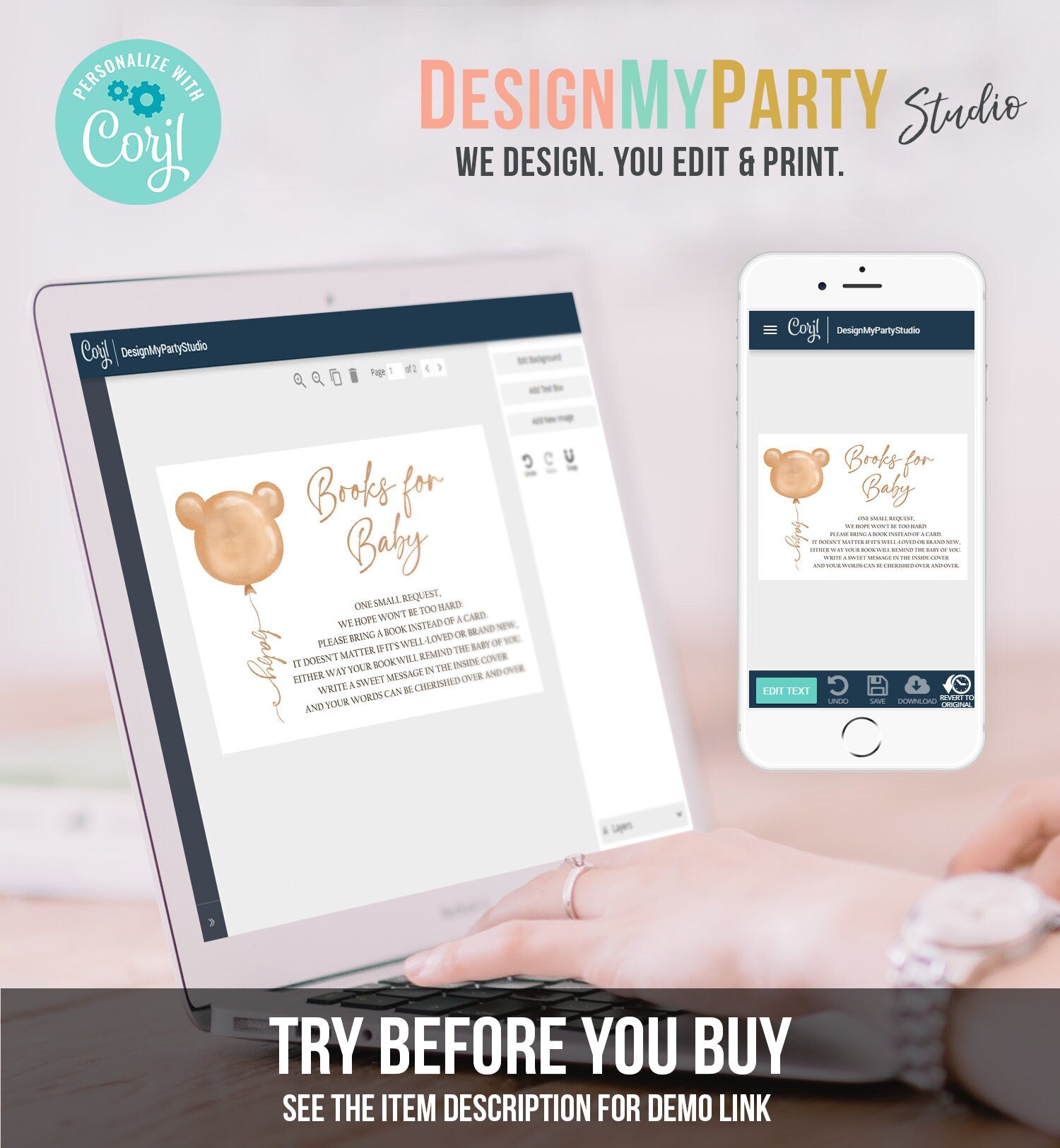 Editable Bear Bring a Book Card Boho Teddy Bear Baby Shower Bearly Wait Books for Baby Gender Neutral Boy Girl Template PRINTABLE Corjl 0439