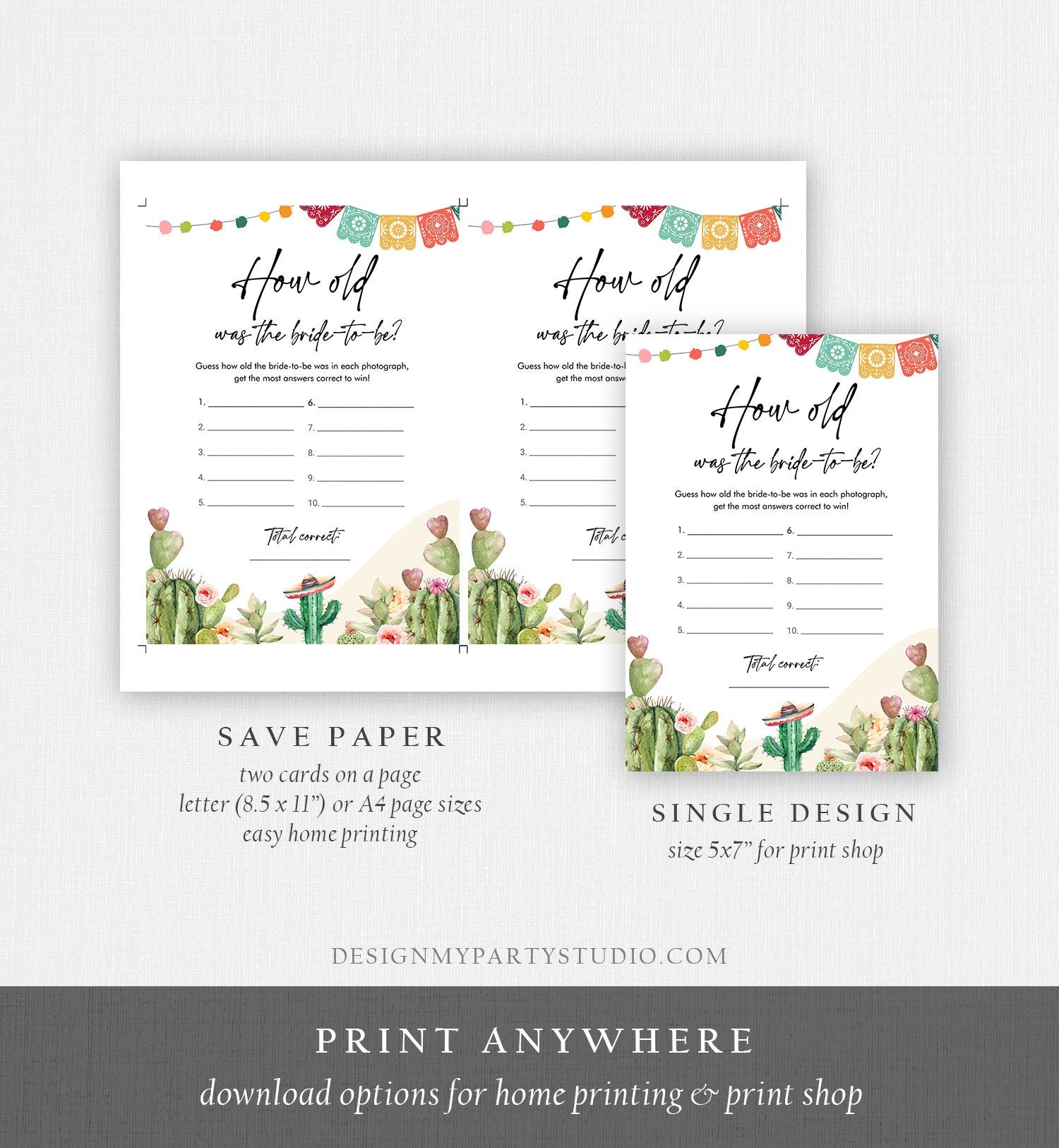 Editable How Old Was The Bride Bridal Shower Game Cactus Fiesta Mexican Coed Shower Games Wedding Activity Corjl Template Printable 0404