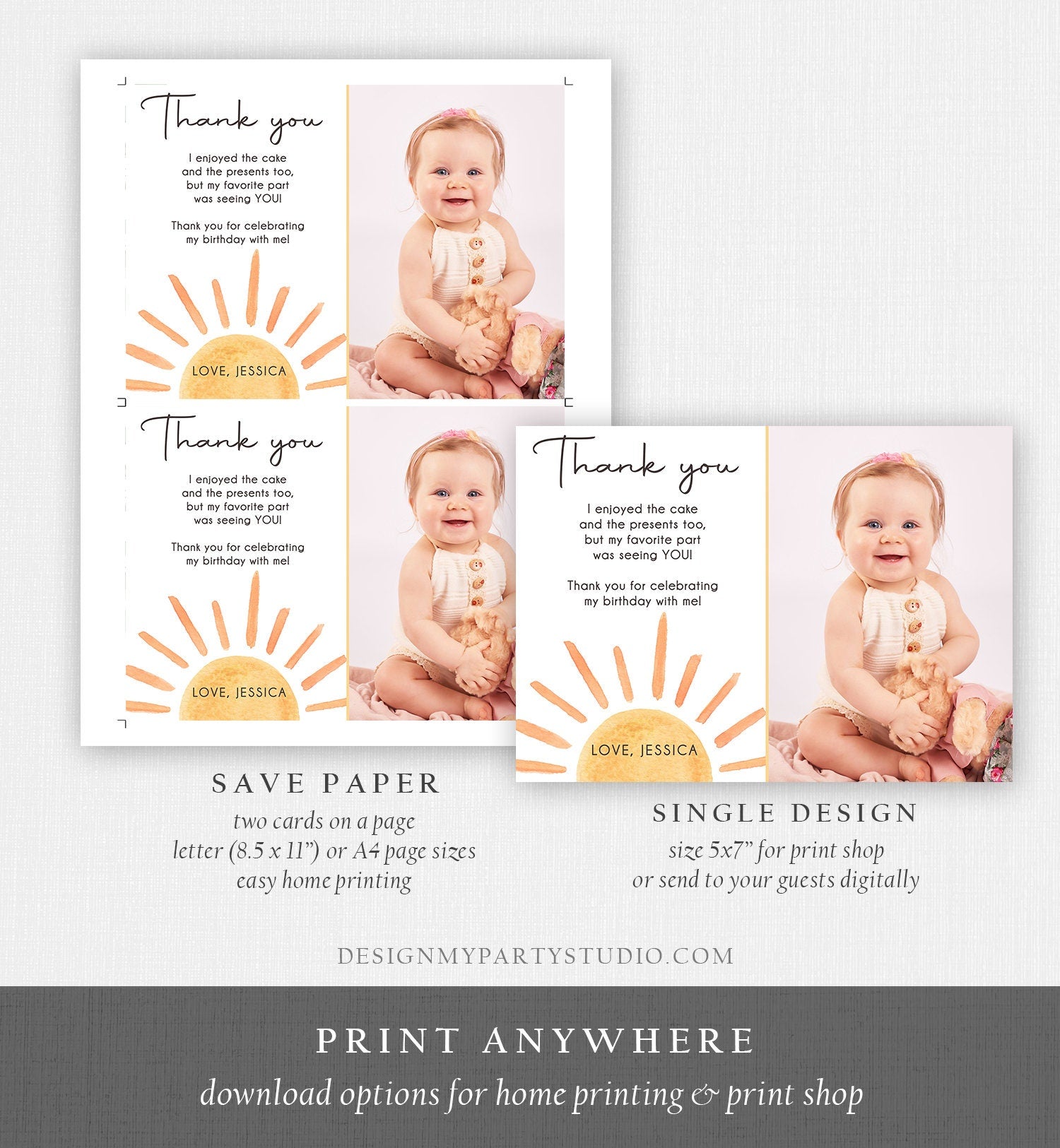 Editable Sun Thank You Card Sun Birthday Party Thank You Note Sunshine 1st Trip Around the Sun First Printable Template Corjl Digital 0431