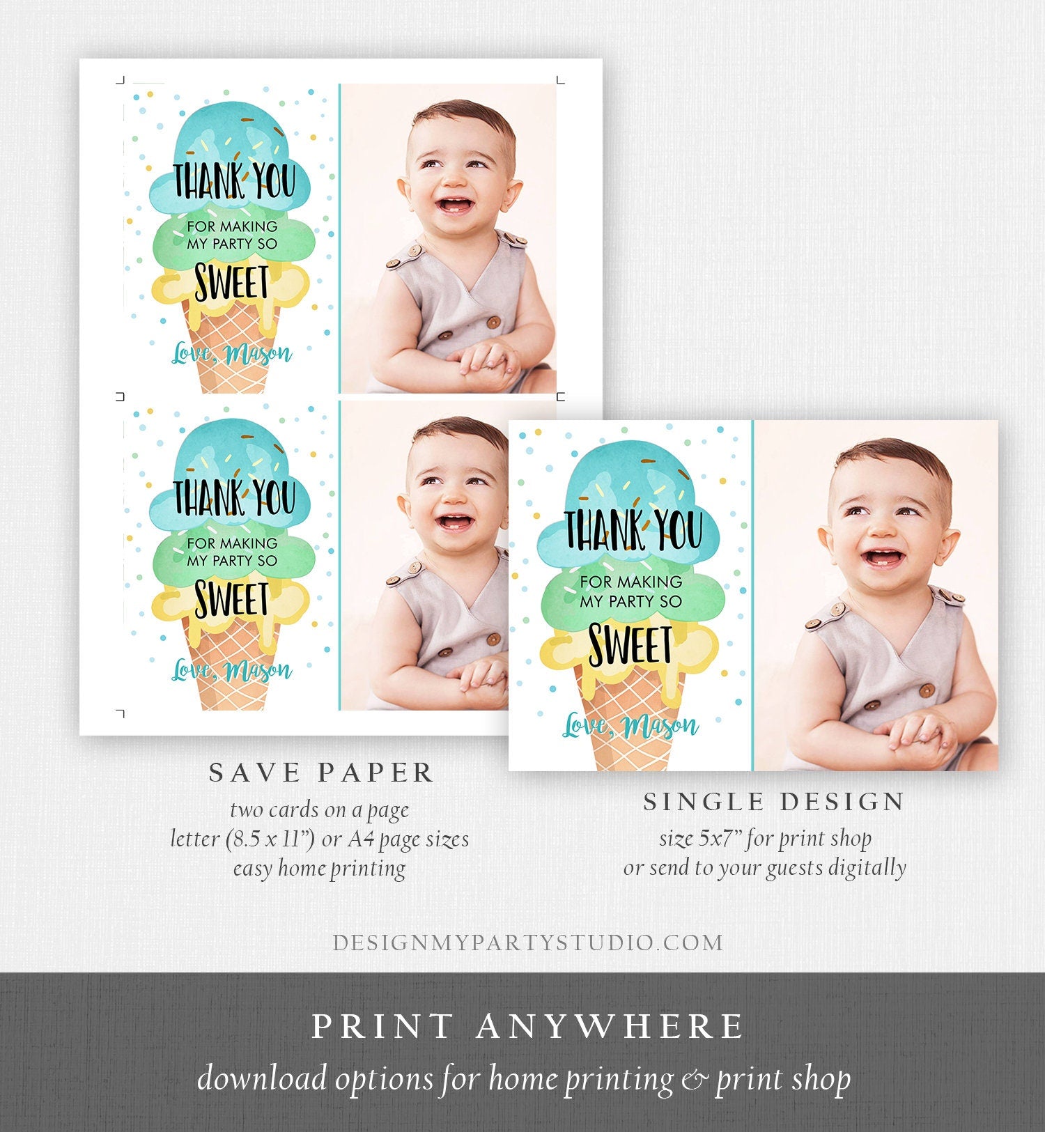 Editable Ice Cream Thank You Card Ice Cream Birthday Thank You Note Boy Birthday Summer Download Printable Template Digital Corjl 0243