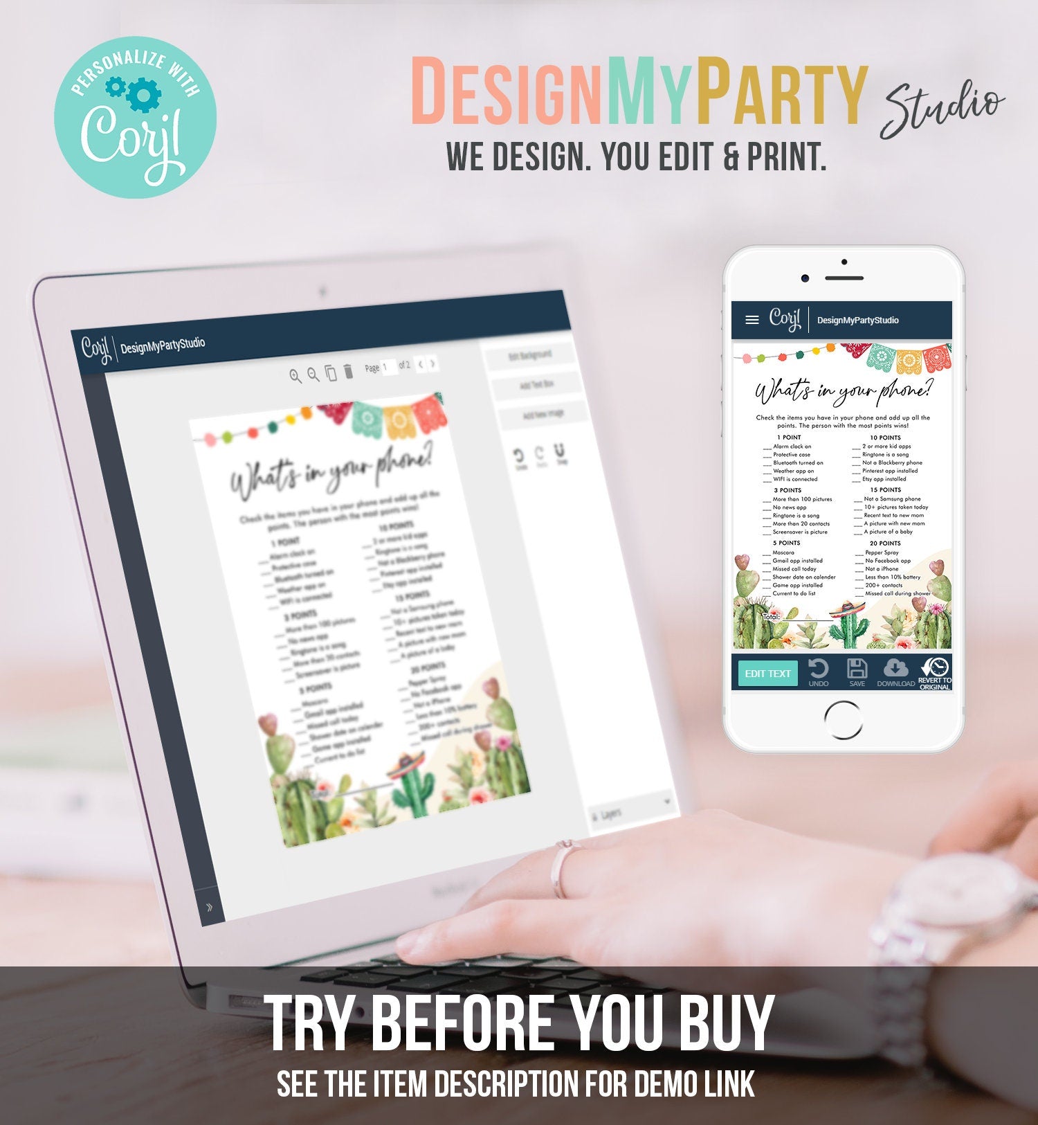 Editable What's in your Phone Bridal Shower Game Cactus Fiesta Mexican Coed Shower Succulent Wedding Activity Corjl Template Printable 0404