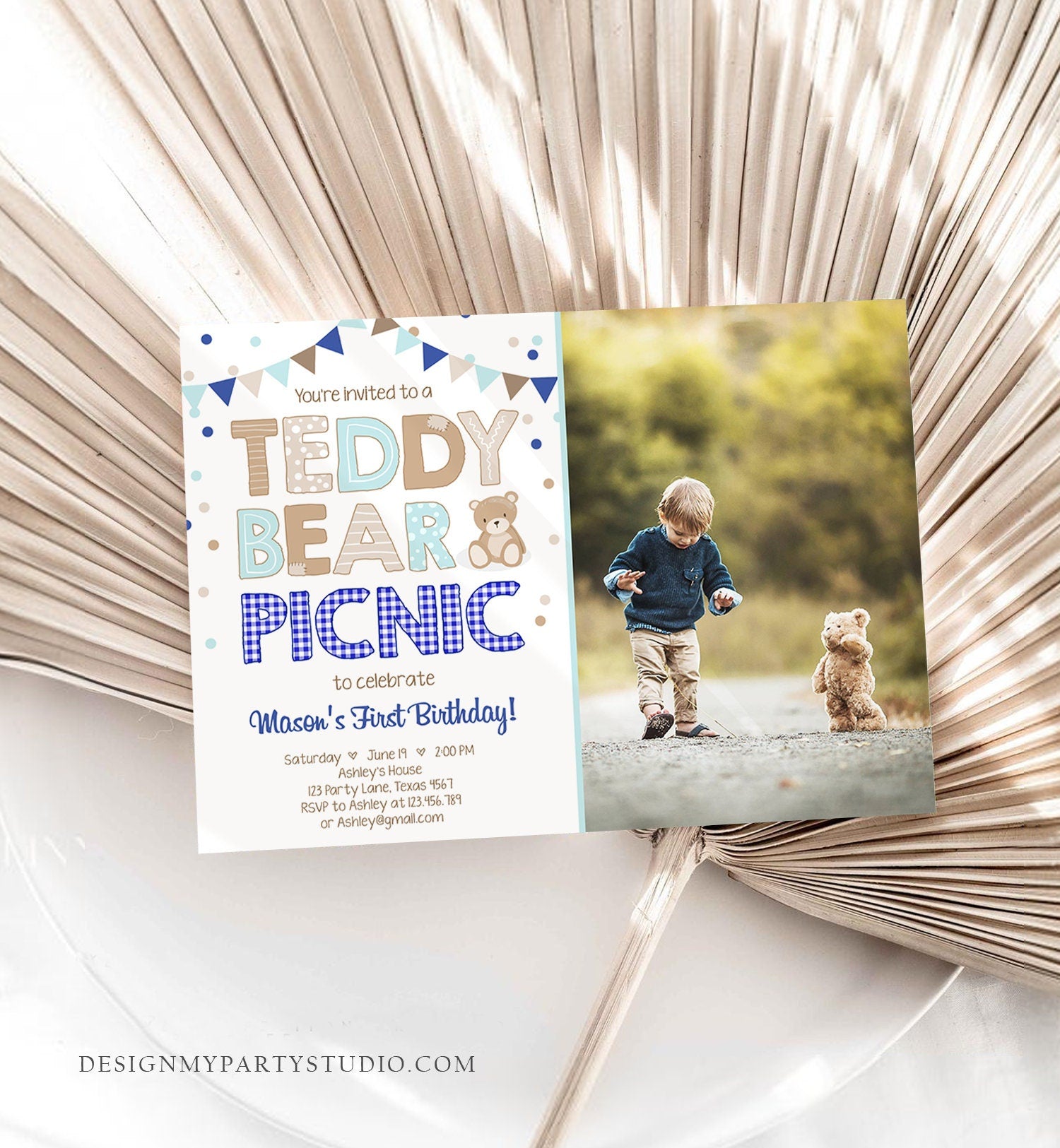 Editable Teddy Bear Picnic Birthday Invitation Boy Navy Blue Gingham Bear Picnic Outdoor First Birthday Digital Corjl Template 0100