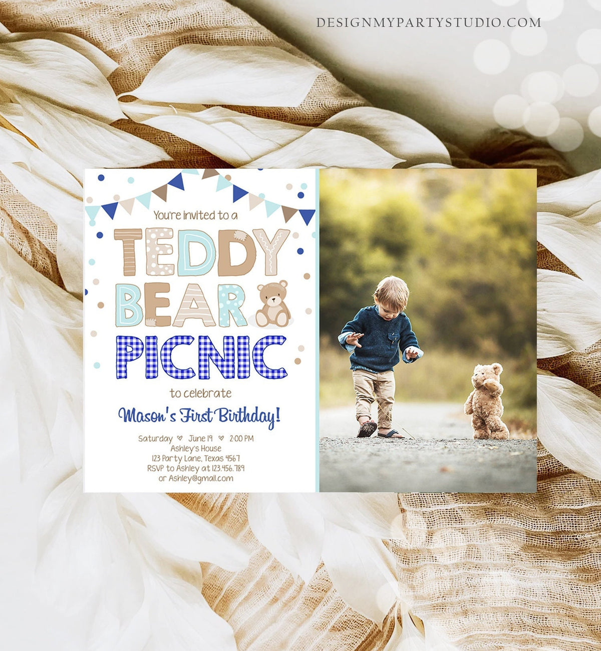 Editable Teddy Bear Picnic Birthday Invitation Boy Navy Blue Gingham Bear Picnic Outdoor First Birthday Digital Corjl Template 0100