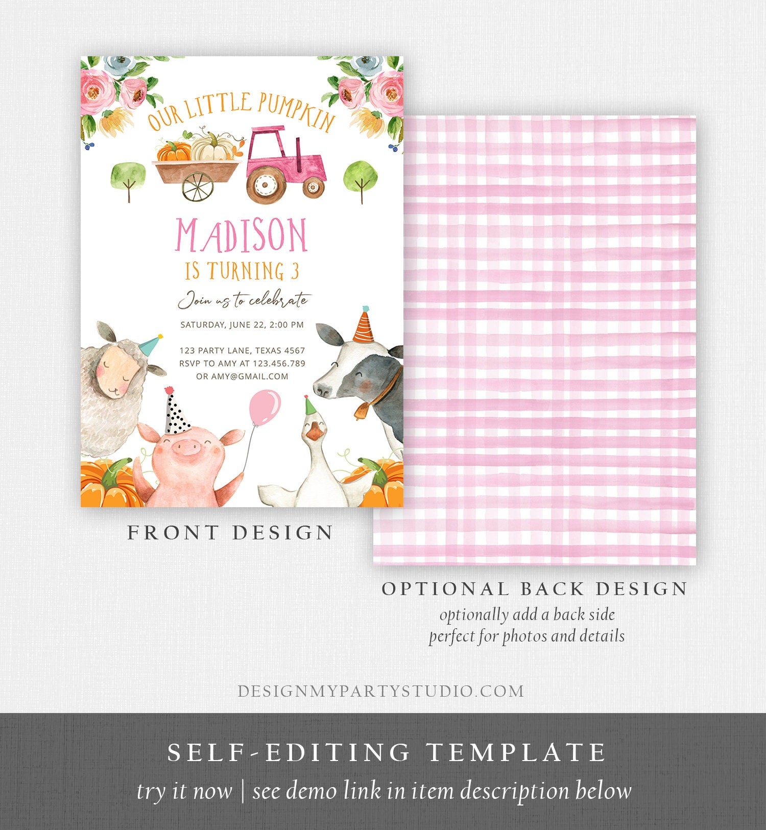 Editable Farm Birthday Invitation Pumpkin Girl Farm Animals Pink Barnyard Fall Birthday Download Printable Invitation Template Digital 0155