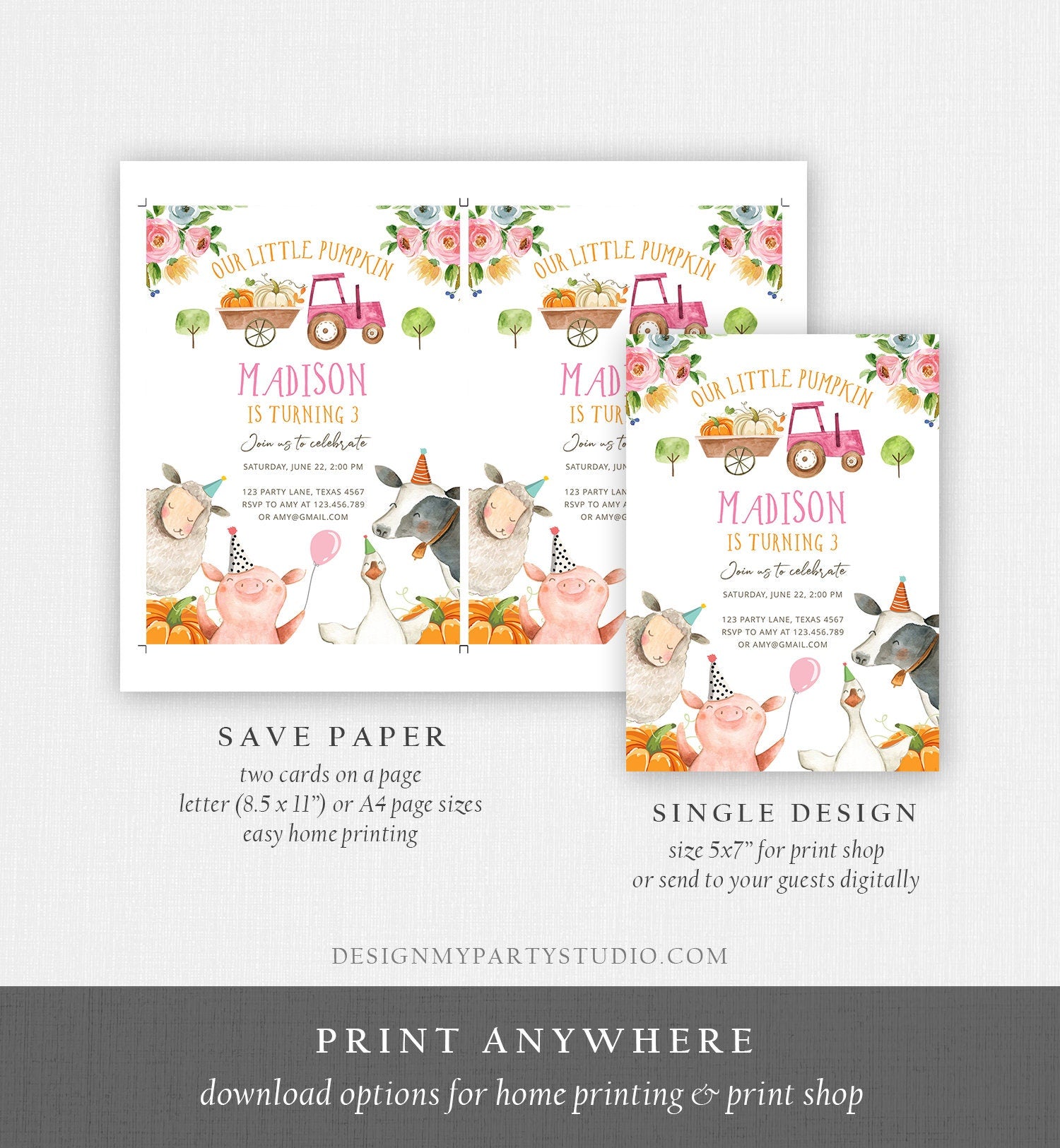 Editable Farm Birthday Invitation Pumpkin Girl Farm Animals Pink Barnyard Fall Birthday Download Printable Invitation Template Digital 0155