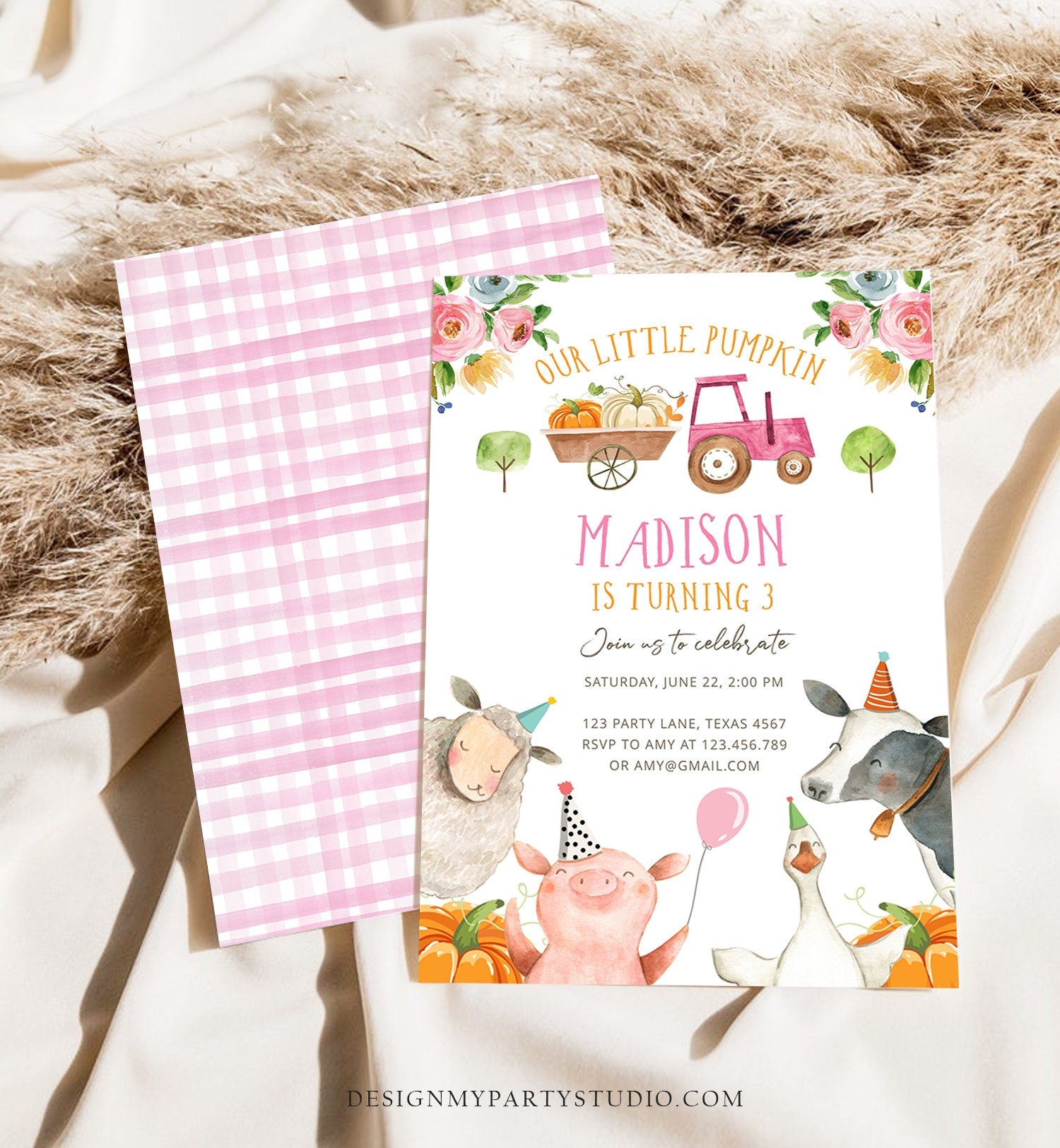 Editable Farm Birthday Invitation Pumpkin Girl Farm Animals Pink Barnyard Fall Birthday Download Printable Invitation Template Digital 0155