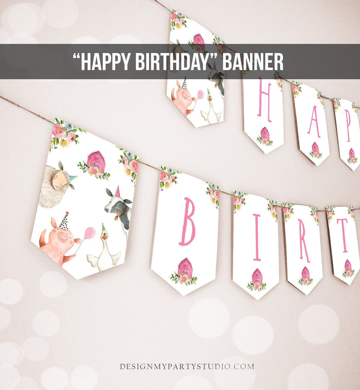 Happy Birthday Banner Pink Farm Birthday Banner Farm Animals Girl Barnyard Birthday Decorations Instant download PRINTABLE DIGITAL DIY 0155