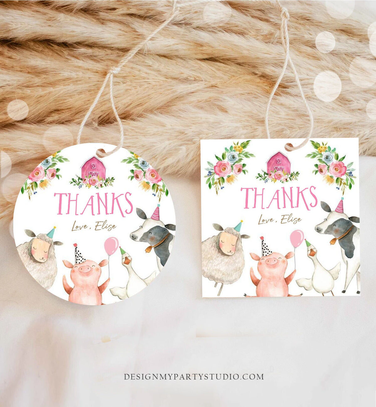 Editable Pink Farm Animals Thank you Tags Girl Birthday Barnyard Stickers Farm Birthday Decor Favor Tags Party Animals Digital Template 0155