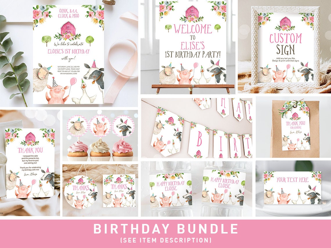 Farm Animals Birthday Invitation Bundle Girl Farm Barnyard Party Party Animals Farm Birthday Bundle First Pink Printable Corjl Template 0155