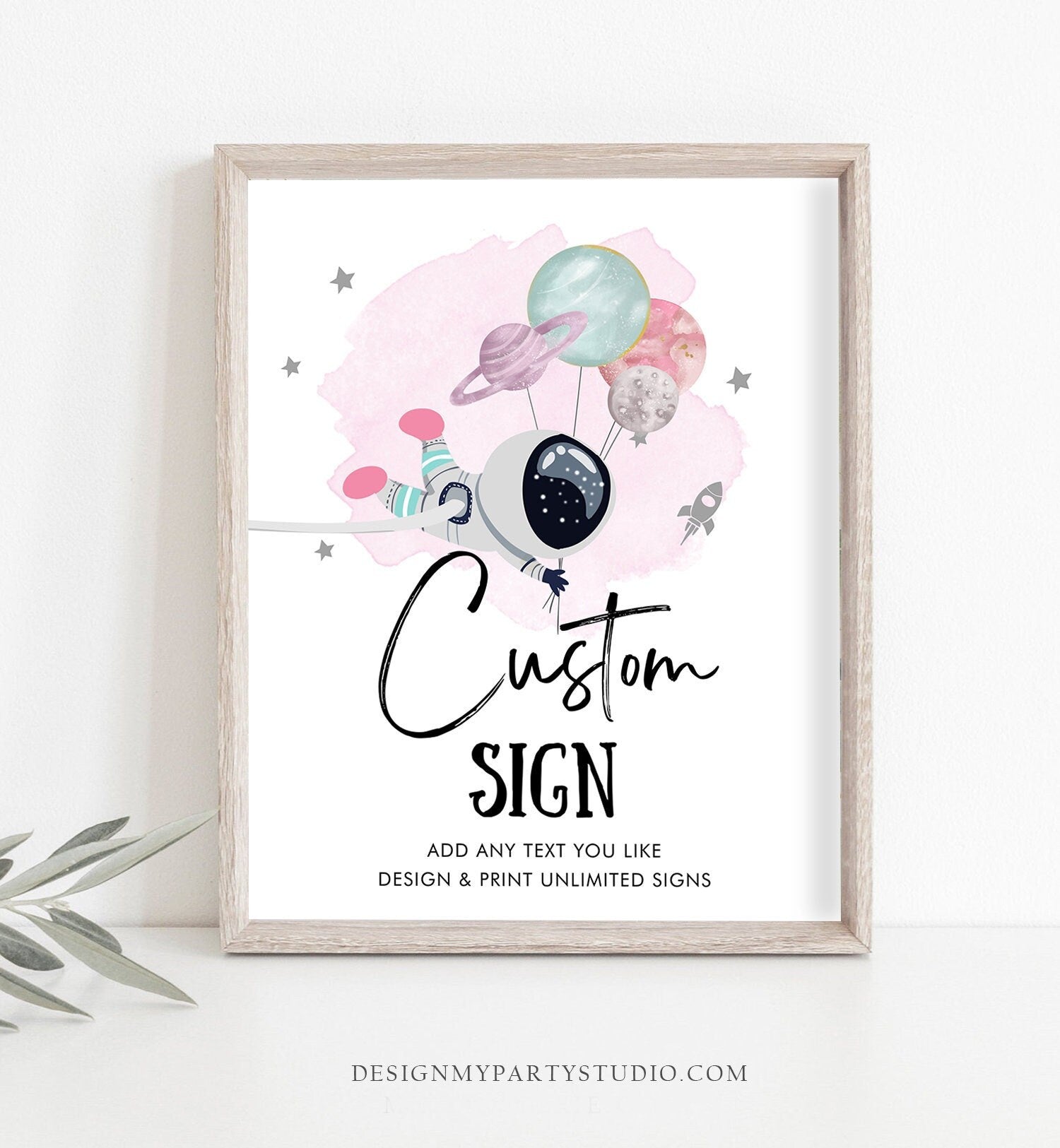 Editable Custom Sign Space Astronaut Birthday Party Outer Planets Galaxy Baby Shower Decor Girl Pink 8x10 Download PRINTABLE Corjl 0366