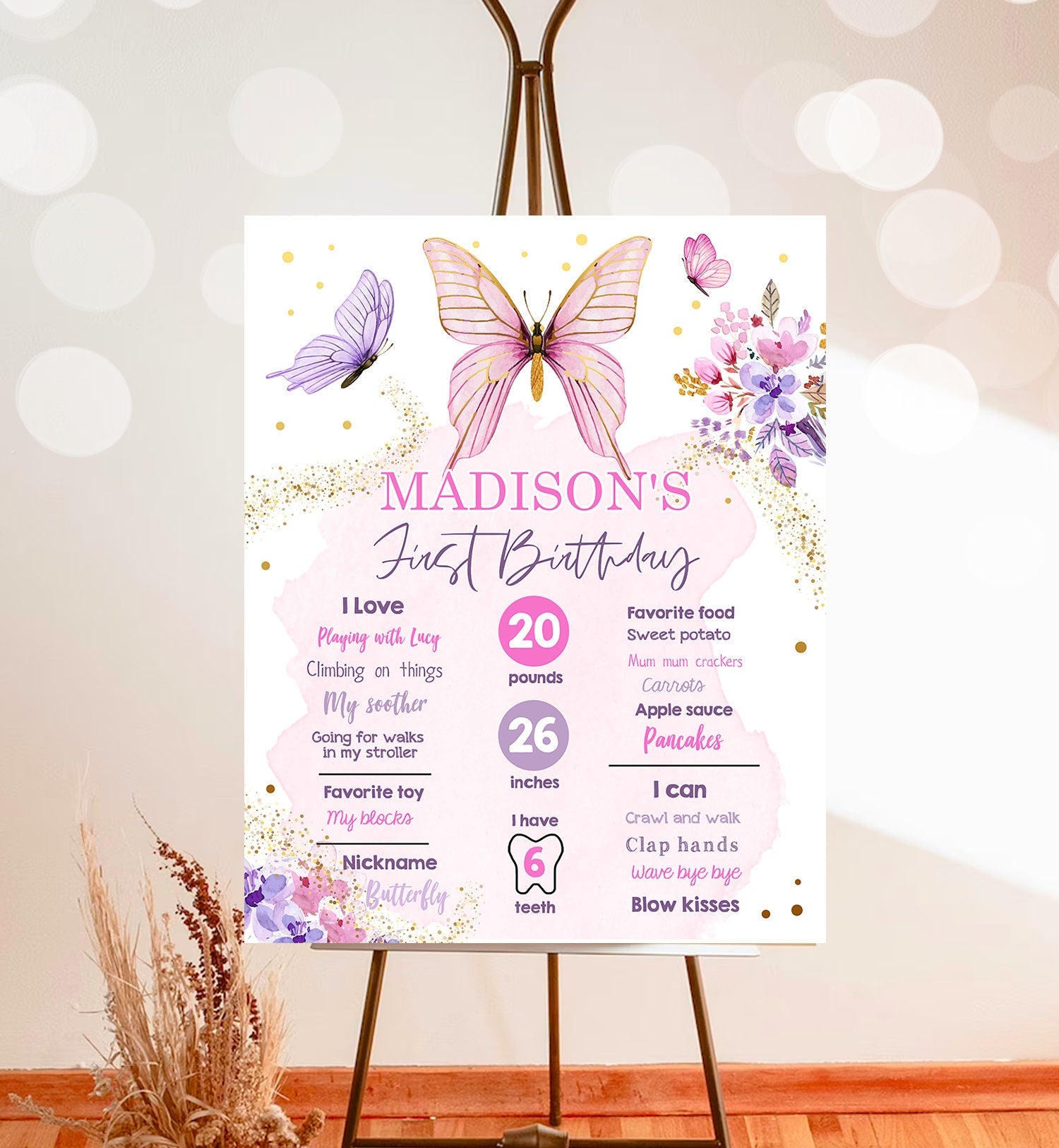 Editable Butterfly Birthday Milestones Sign Garden 1st Birthday First Birthday Girl Pink Purple Download Corjl Template Printable 0437