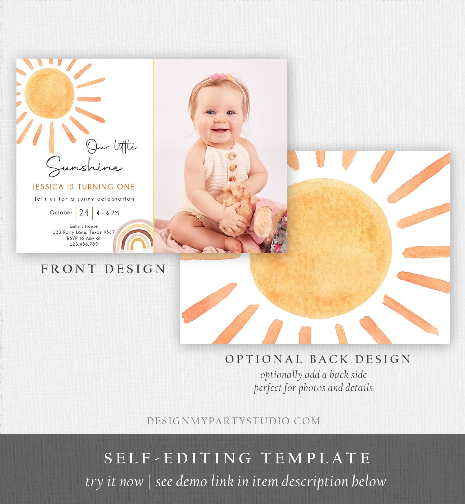 Editable Our Little Sunshine Birthday Invitation 1st Sunshine Birthday Party Neutral Boho Download Printable Template Digital Corjl 0431