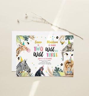 Editable Two Wild Young Wild and Three Invitation Girl Pink and Gold Safari Animals Zoo Joint Coed Digital Corjl Template Printable 0417