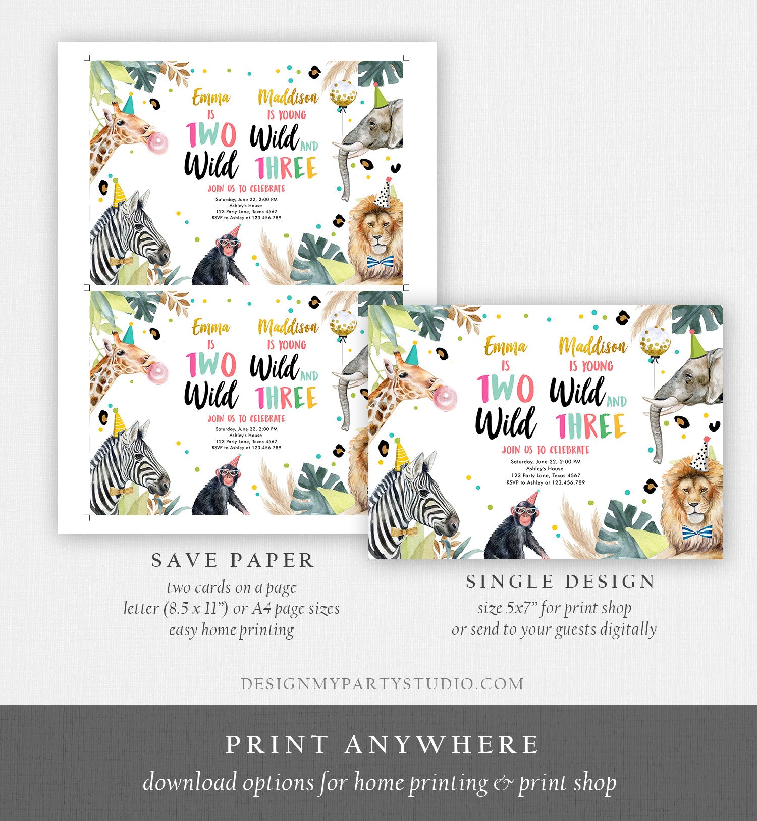 Editable Two Wild Young Wild and Three Invitation Girl Pink and Gold Safari Animals Zoo Joint Coed Digital Corjl Template Printable 0417