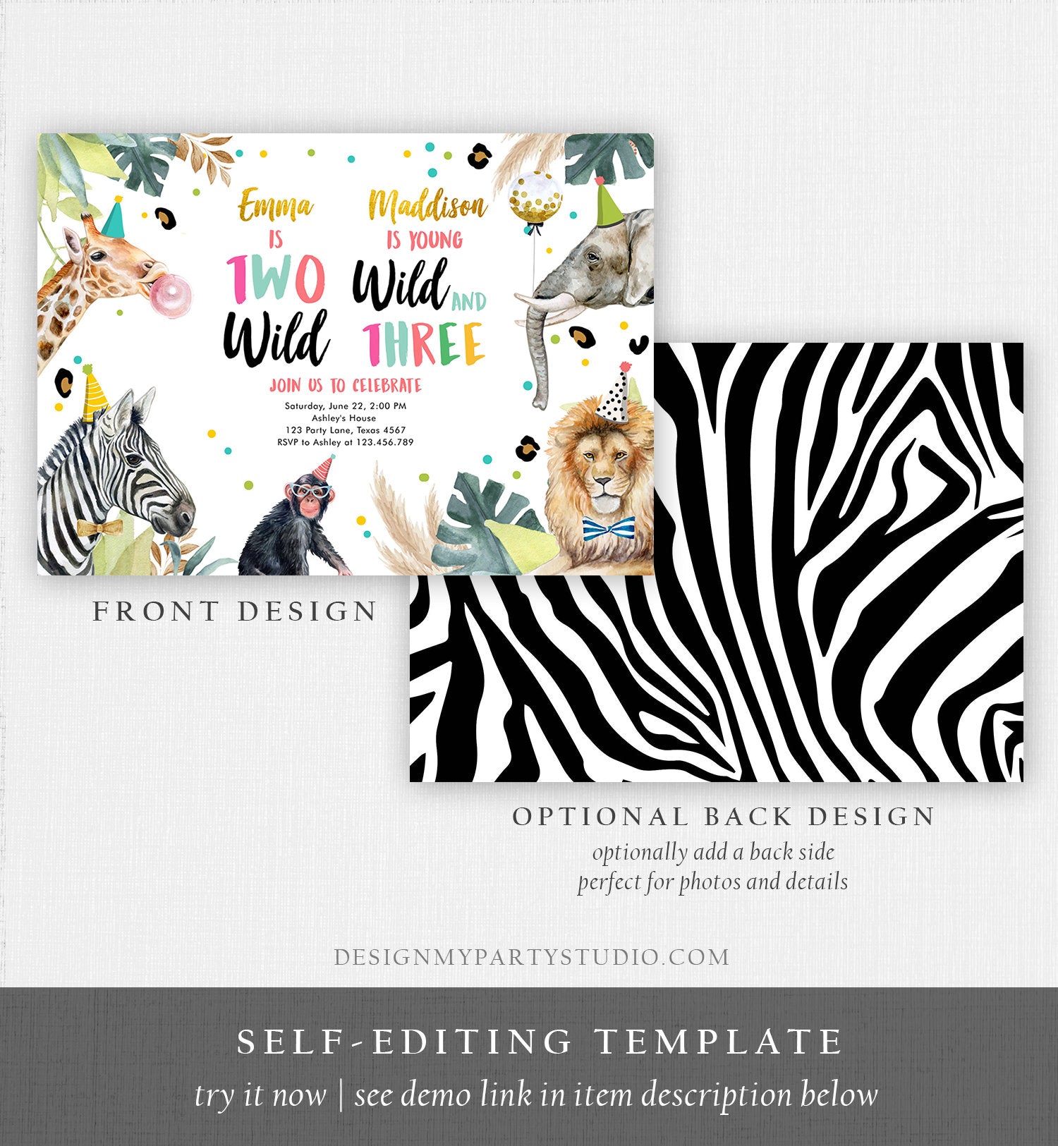 Editable Two Wild Young Wild and Three Invitation Girl Pink and Gold Safari Animals Zoo Joint Coed Digital Corjl Template Printable 0417