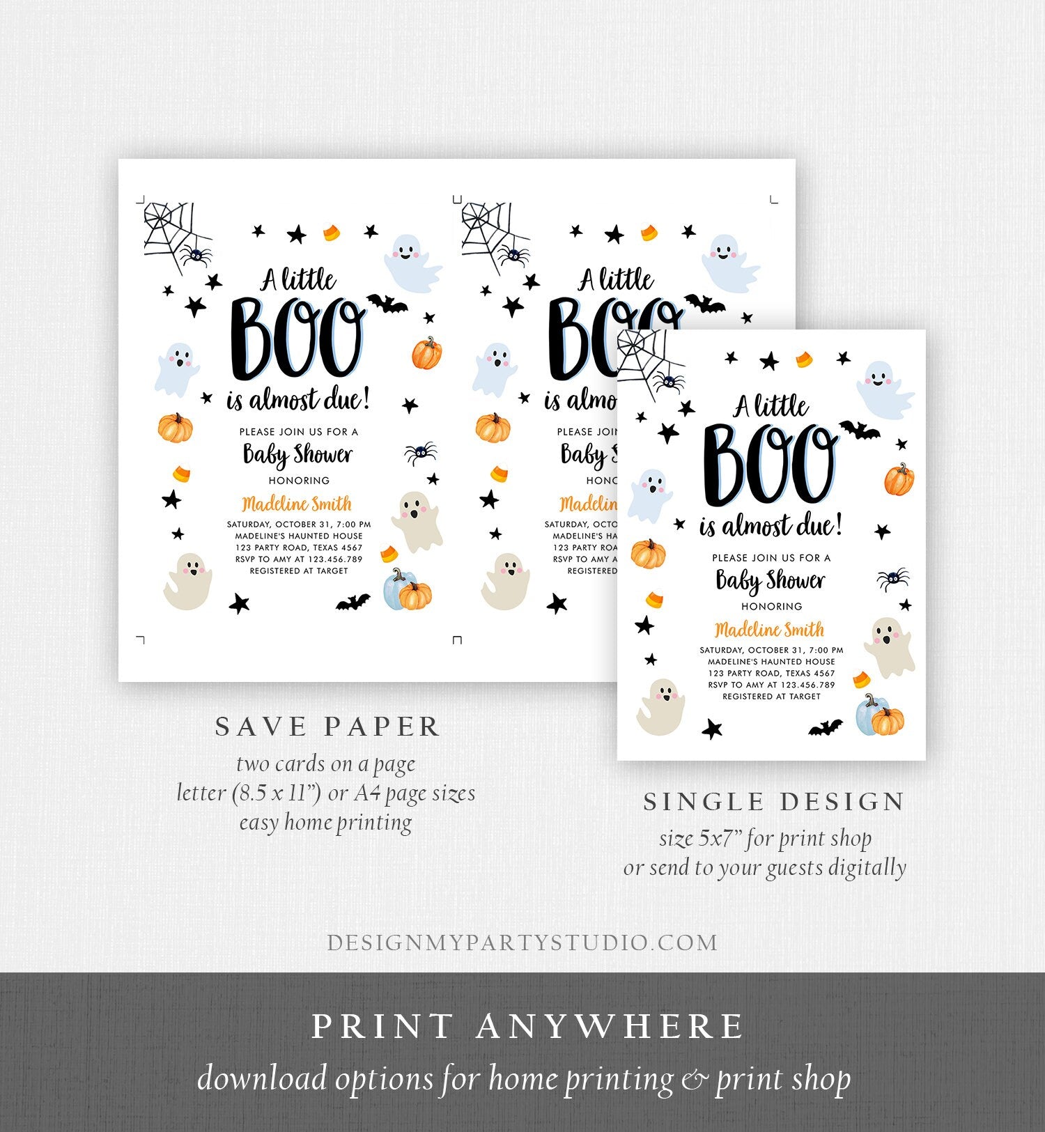 Editable Little Boo Baby Shower Invitation Cute Halloween Baby Shower Couples Shower Invite Blue Ghost Boy Printable Template Corjl 0418